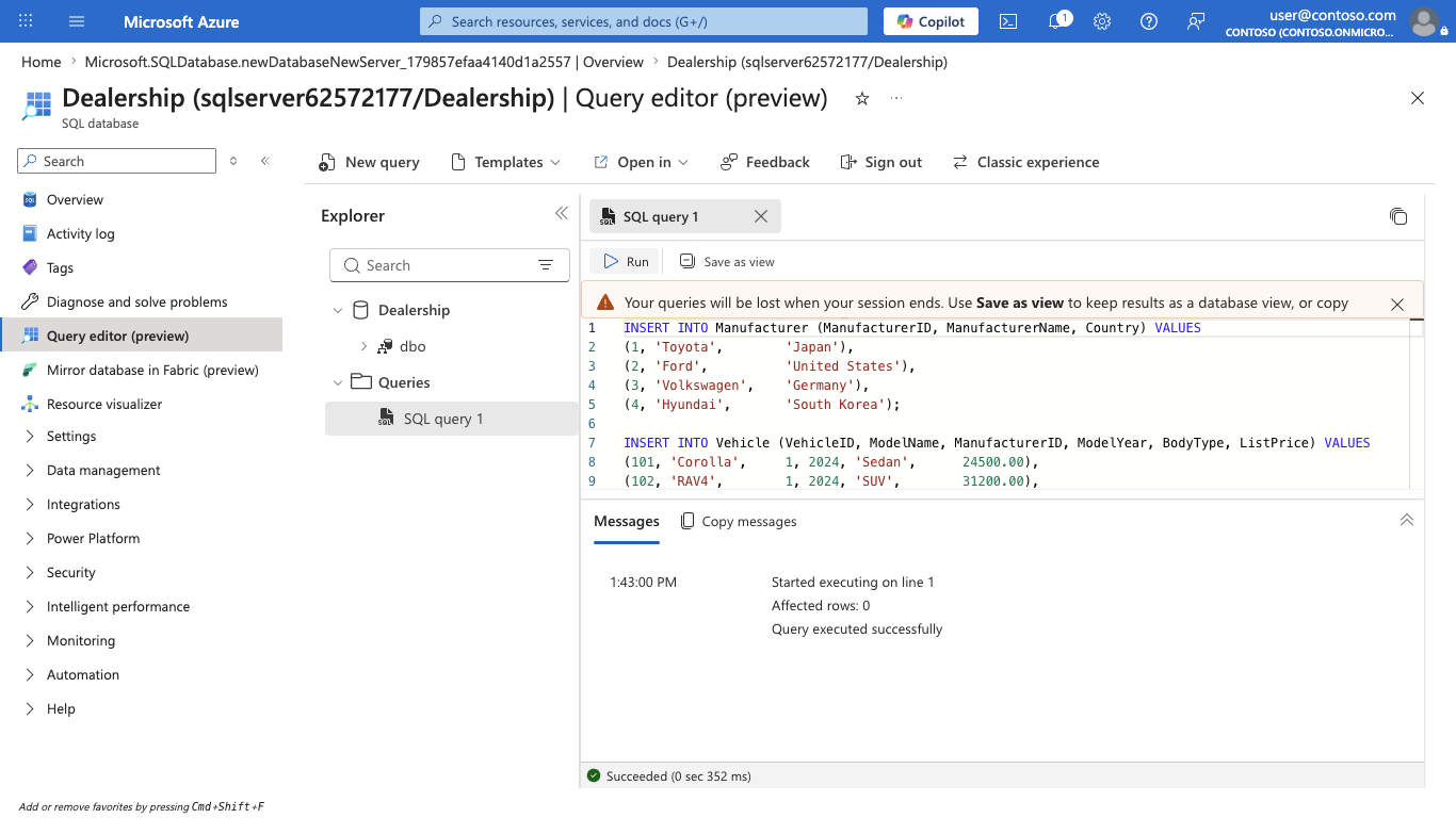 Screenshot of the query editor showing the INSERT statements that add sample manufacturers and vehicles.