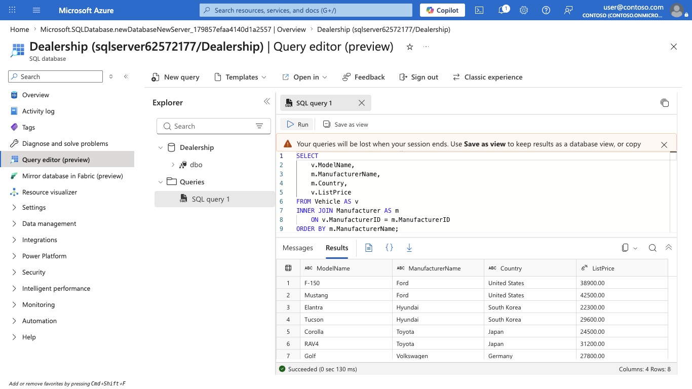 Screenshot of the query editor showing each vehicle joined with its manufacturer name and country.