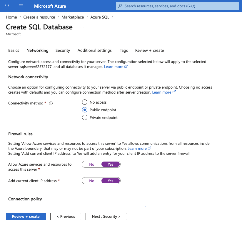 Screenshot of the Networking tab with Public endpoint selected and both firewall rules set to Yes.