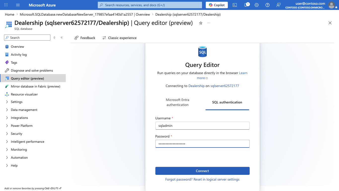 Screenshot of the Query editor sign-in pane with the SQL authentication tab selected.