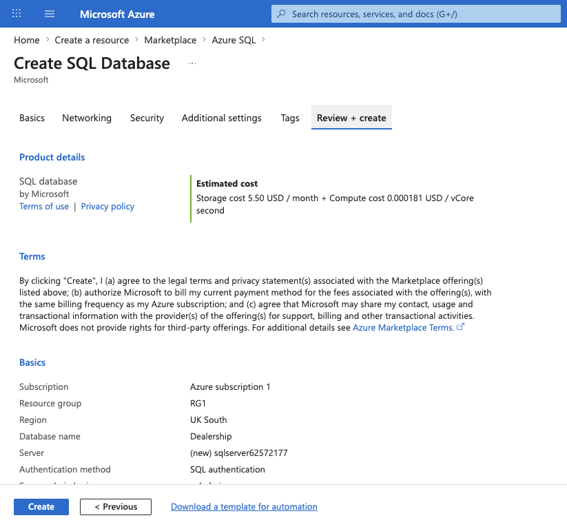 Screenshot of the Review + create tab summarizing the SQL database settings.
