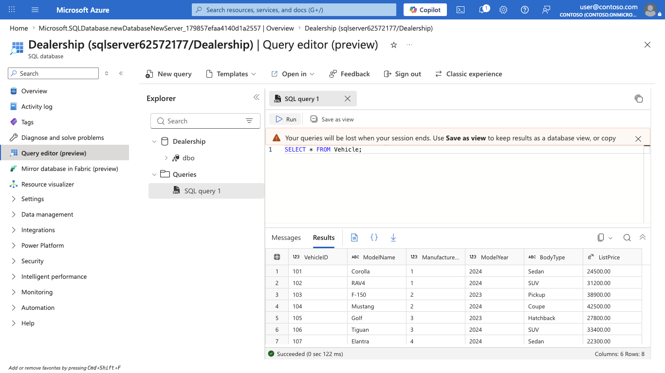 Screenshot of the query editor showing all eight rows returned by SELECT star FROM Vehicle.