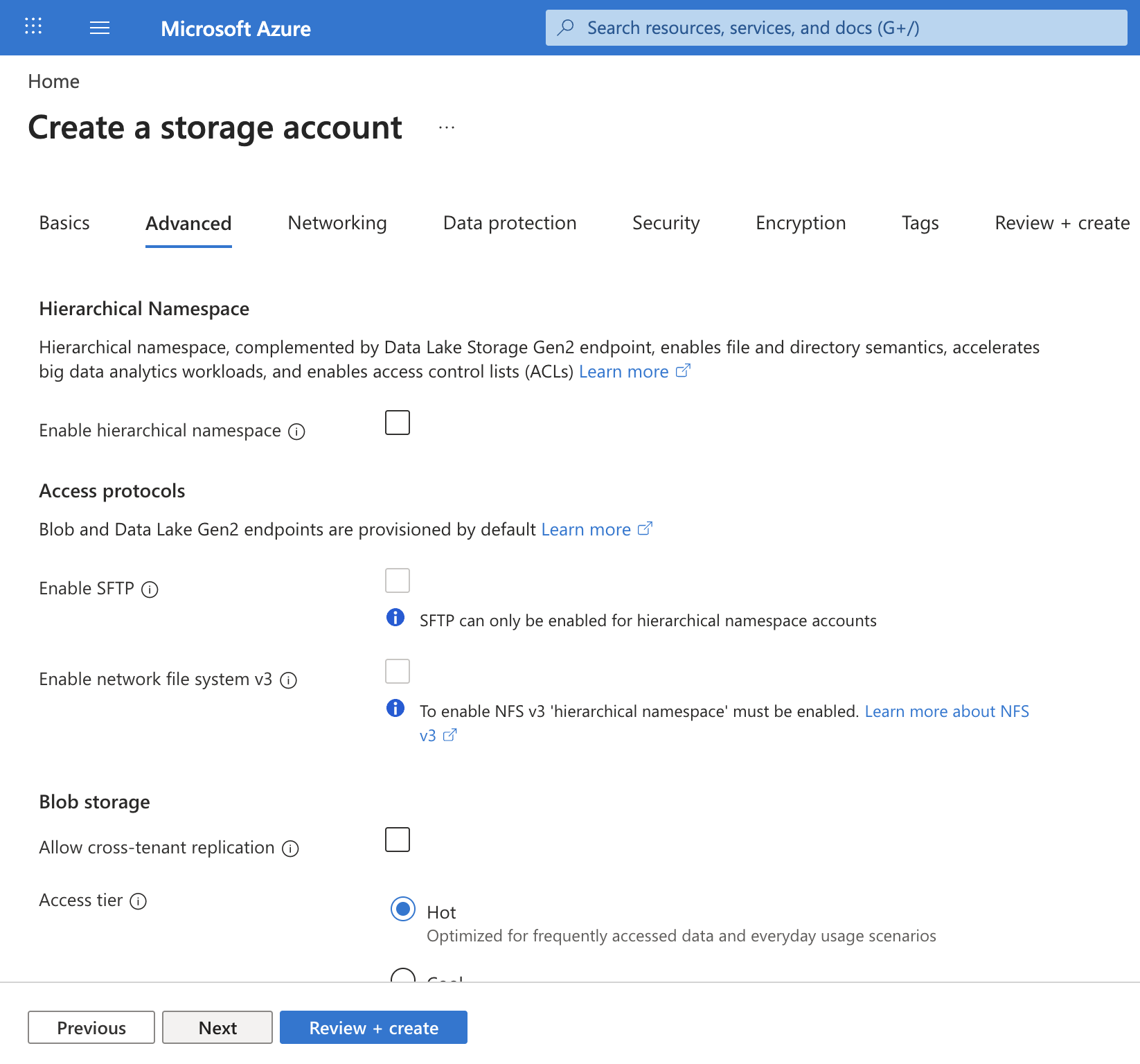 Screenshot of the Advanced tab with the Enable hierarchical namespace checkbox cleared.
