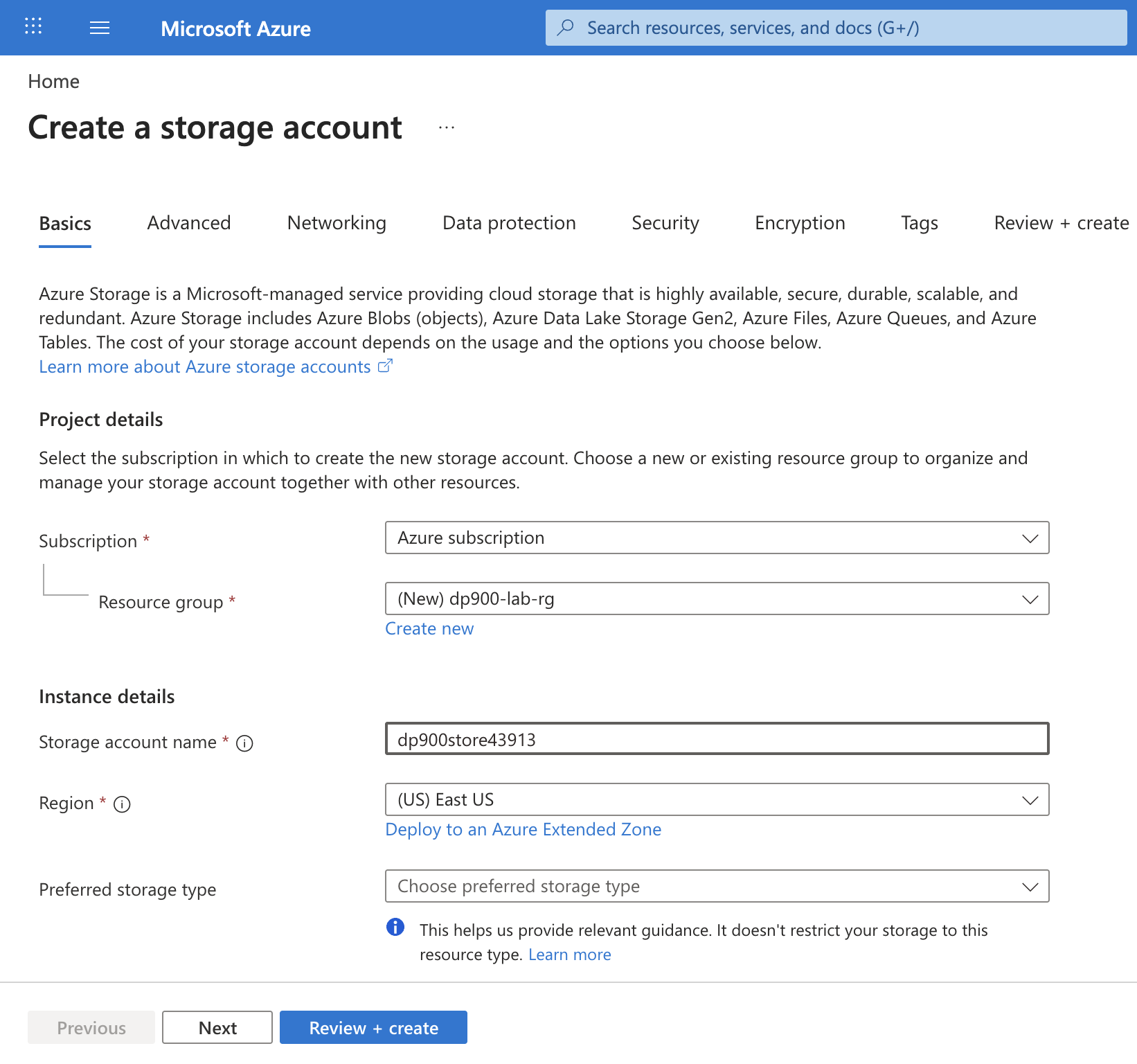 Screenshot of the Basics tab of the Create a storage account page showing the subscription, new resource group, storage account name, region, Standard performance, and Locally-redundant storage redundancy.