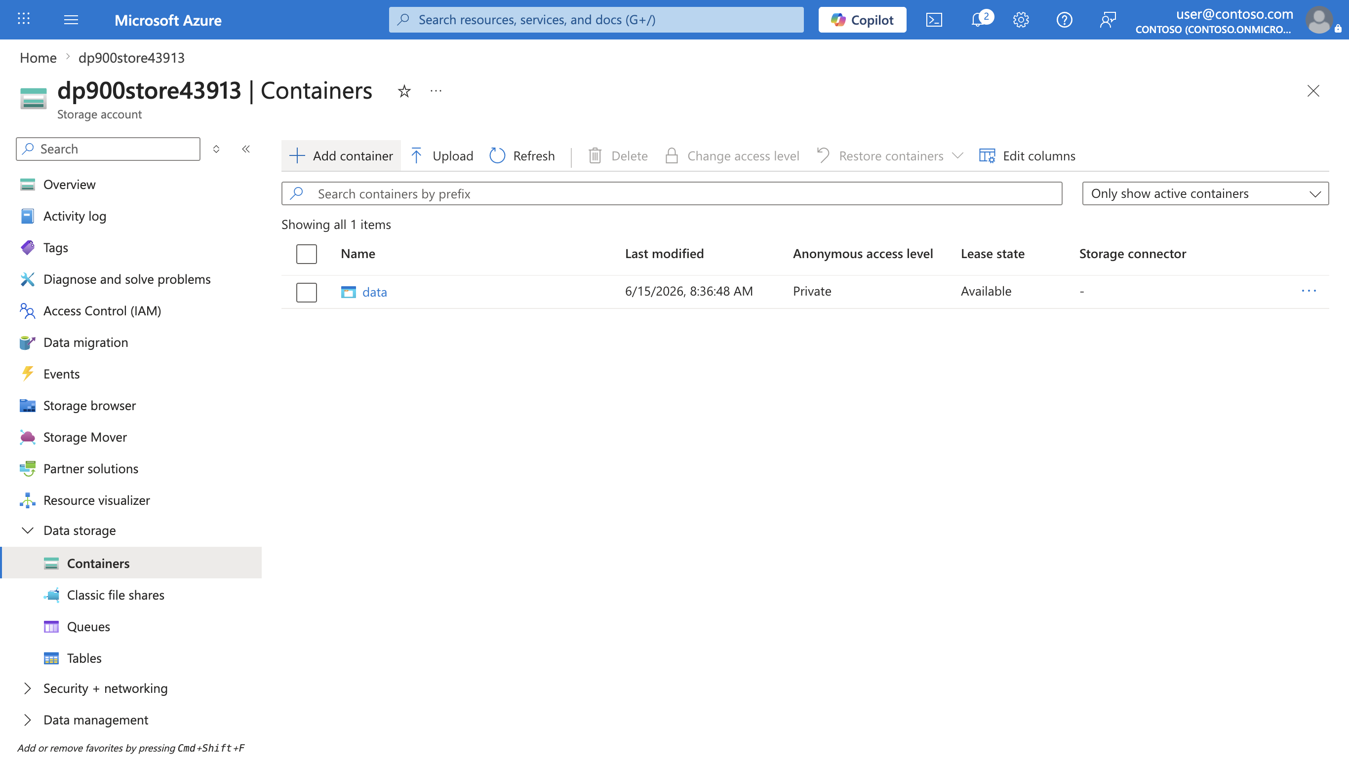 Screenshot of the Containers page showing the data container with Private access level.