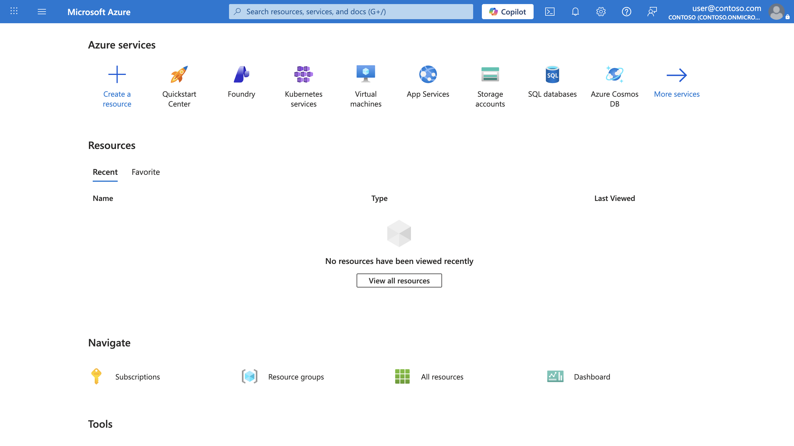 Screenshot of the Azure portal home page with the Create a resource button highlighted in the upper left.