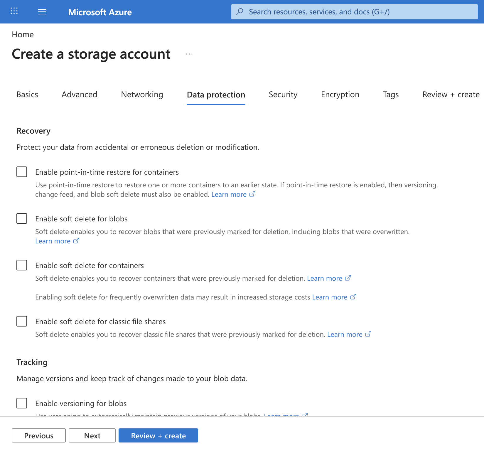 Screenshot of the Data protection tab with all three Enable soft delete options cleared.