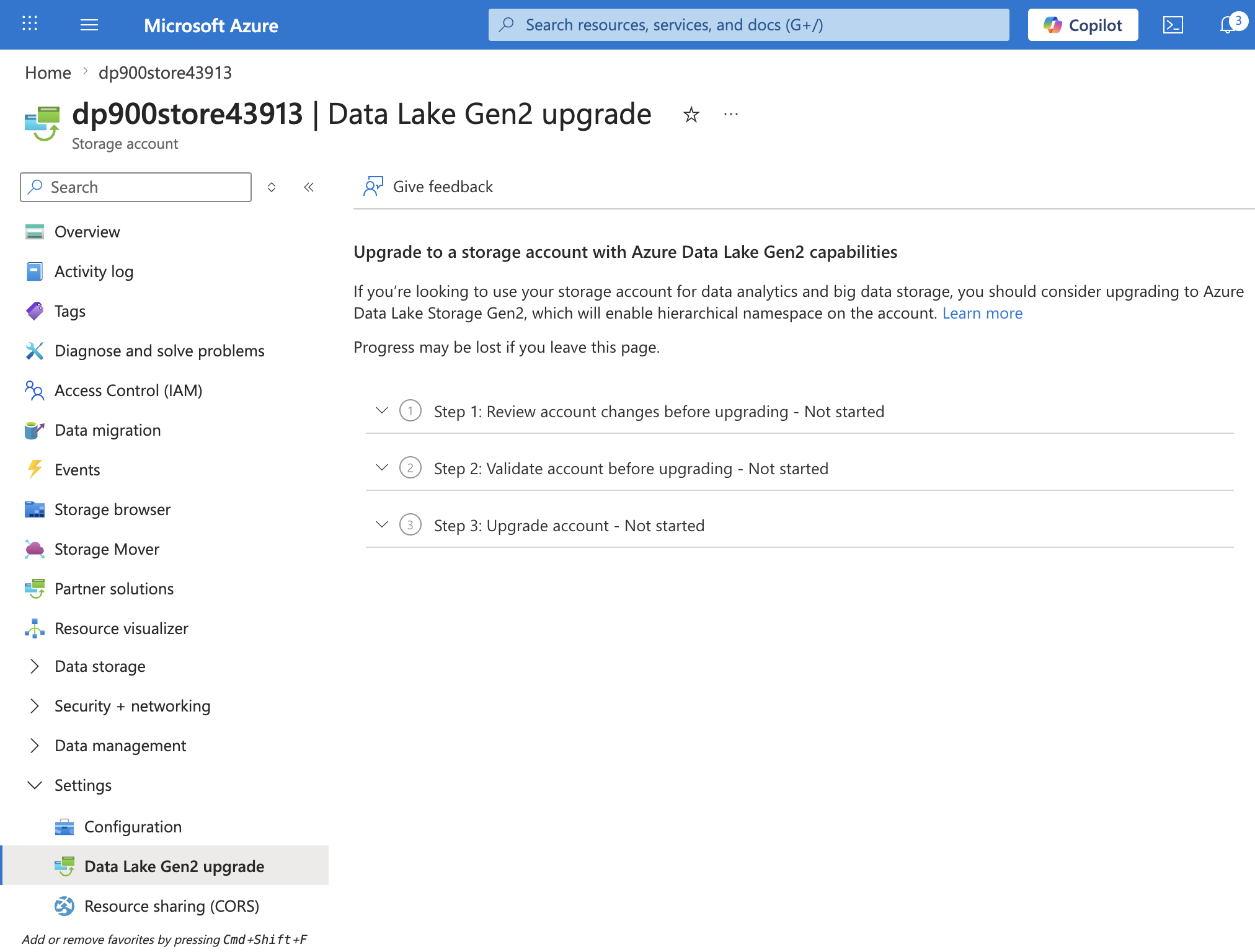 Screenshot of the Data Lake Gen2 upgrade page showing the three upgrade steps: review account changes, validate account, and upgrade account.