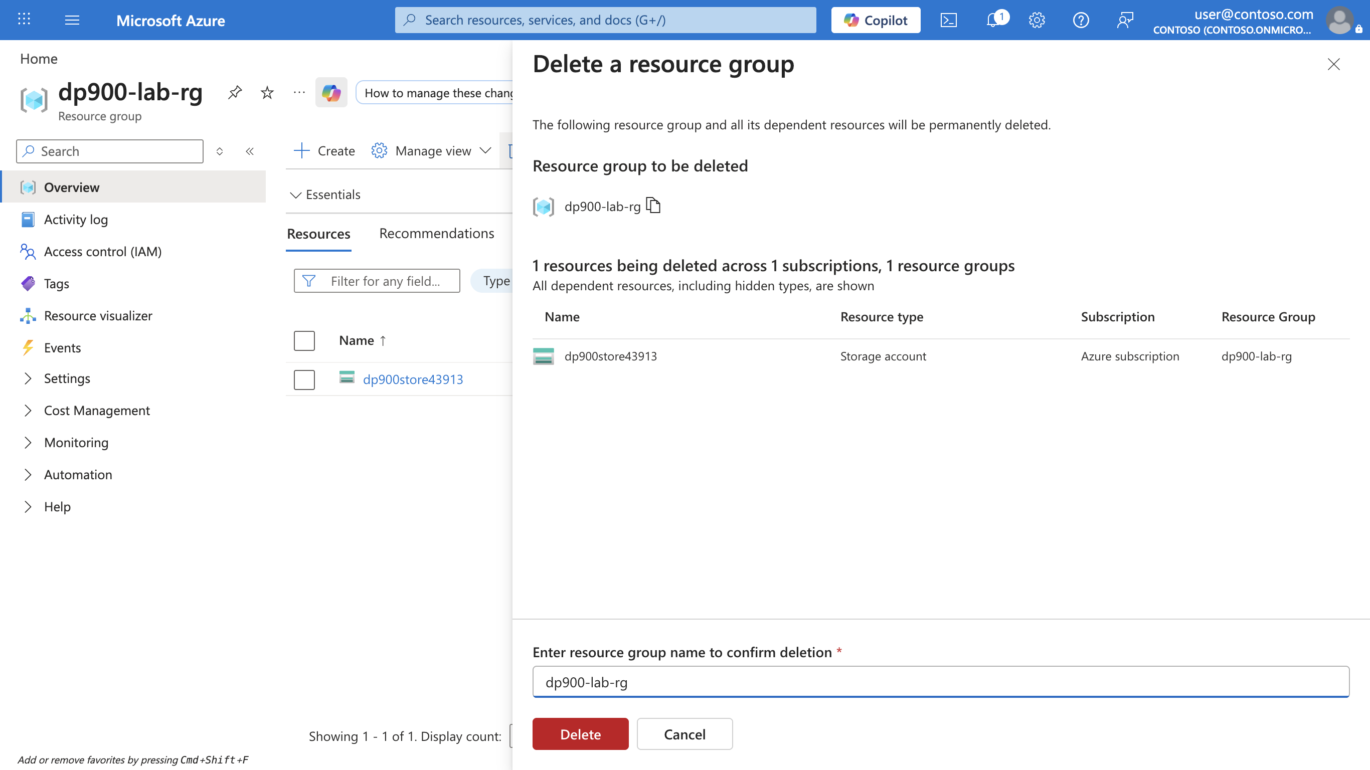Screenshot of the Delete a resource group pane listing the storage account, with the resource group name entered to confirm deletion.