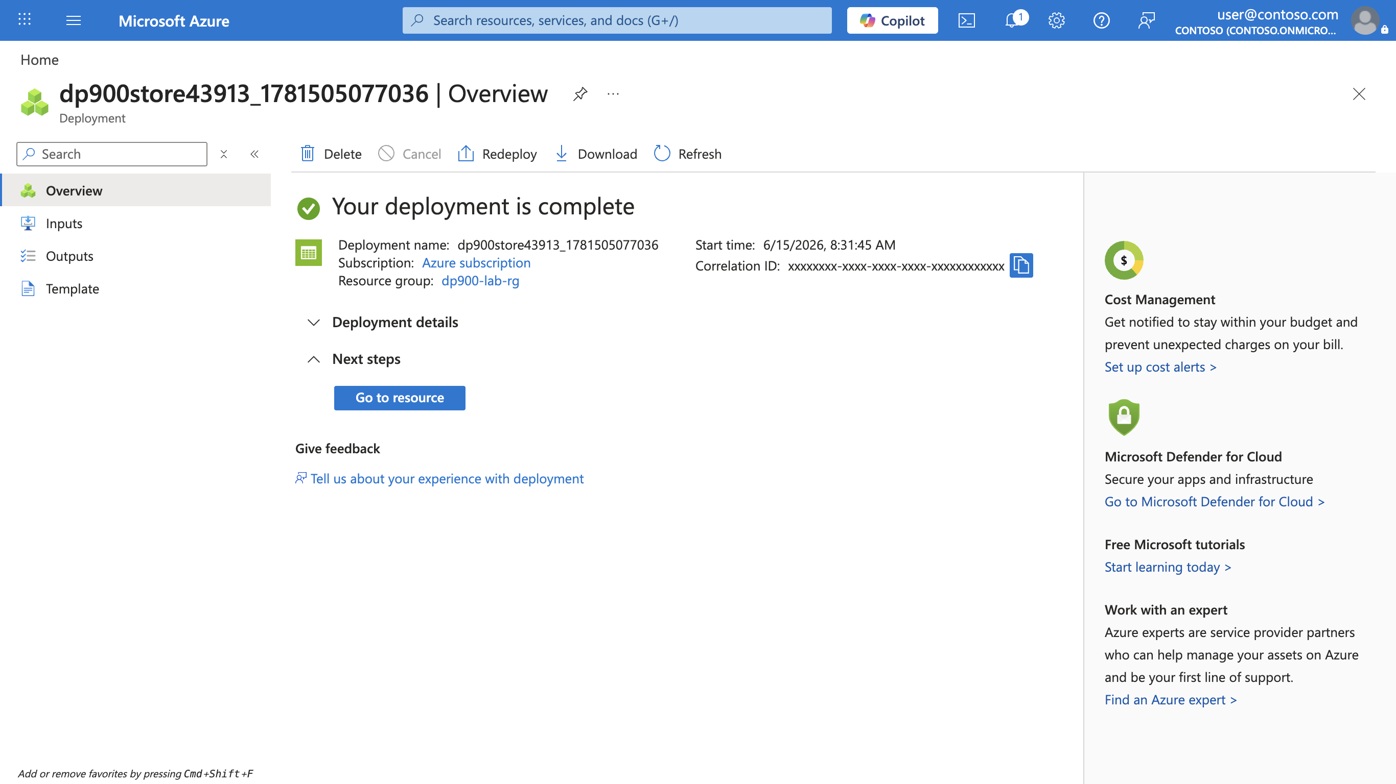 Screenshot of the deployment complete page with the Go to resource button.