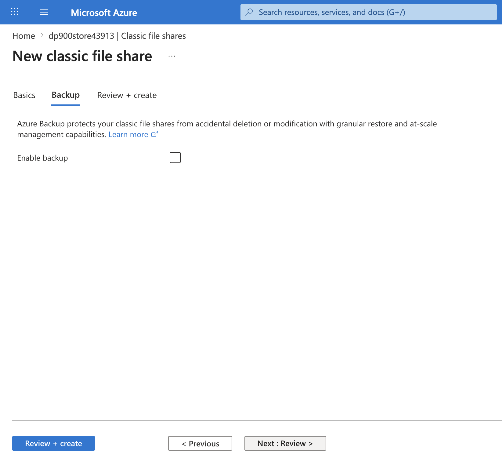 Screenshot of the Backup tab with the Enable backup checkbox cleared.