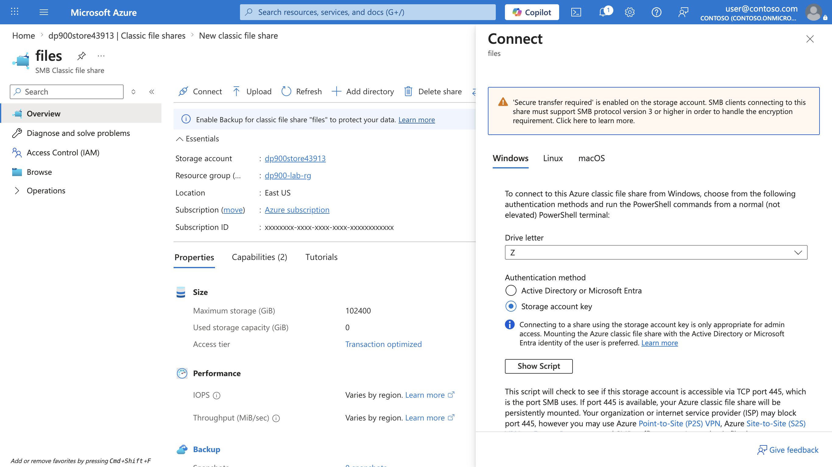 Screenshot of the Connect pane for the files share with Windows, Linux, and macOS tabs showing the connection script.