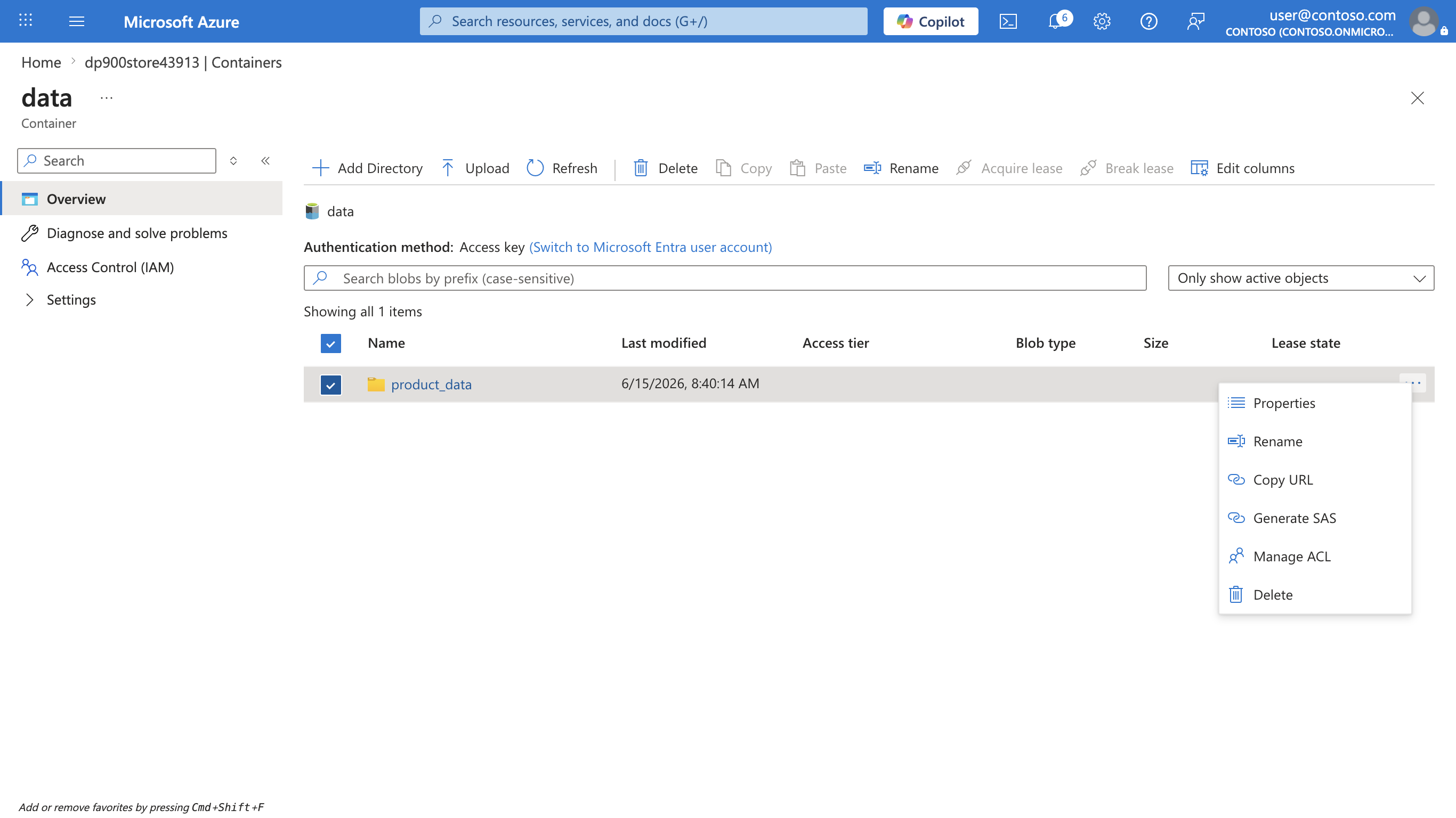 Screenshot of the product_data folder context menu showing Properties, Rename, Copy URL, Generate SAS, Manage ACL, and Delete options.