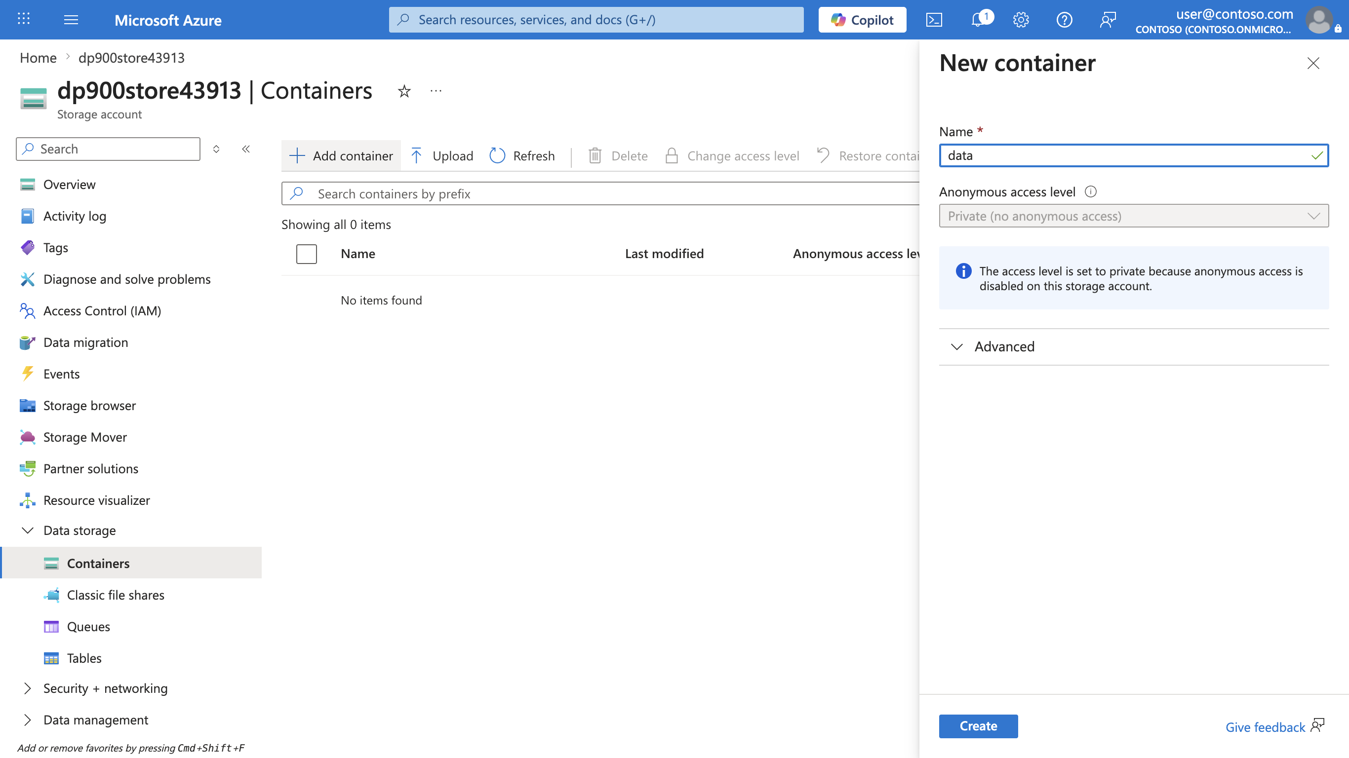 Screenshot of the New container pane with the name data entered and the anonymous access level set to Private.
