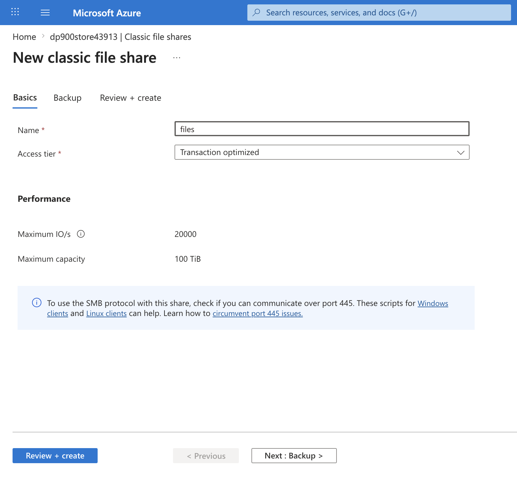 Screenshot of the New classic file share Basics tab with the name files and the Transaction optimized access tier.