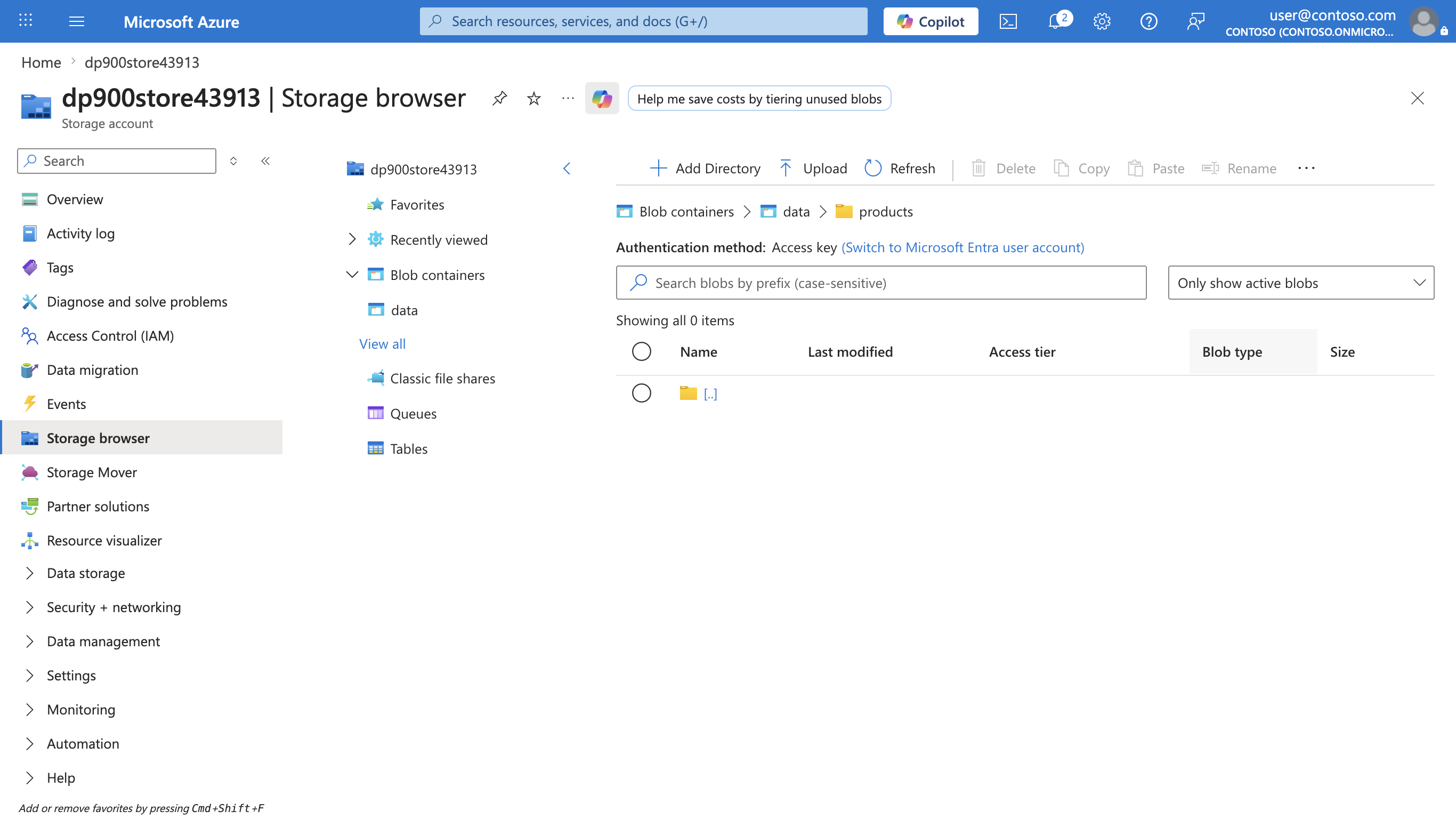 Screenshot of the storage browser inside the products folder with the breadcrumb path Blob containers > data > products.