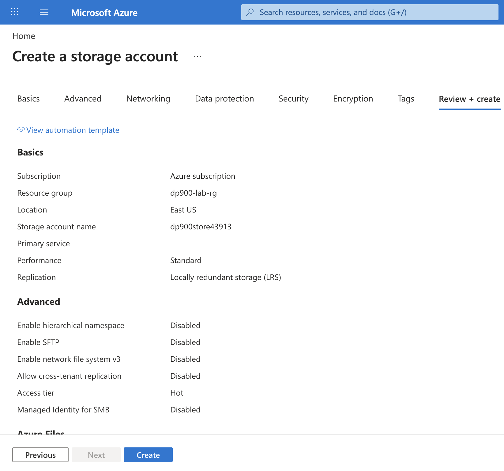 Screenshot of the Review tab summarizing the storage account settings with the Create button.