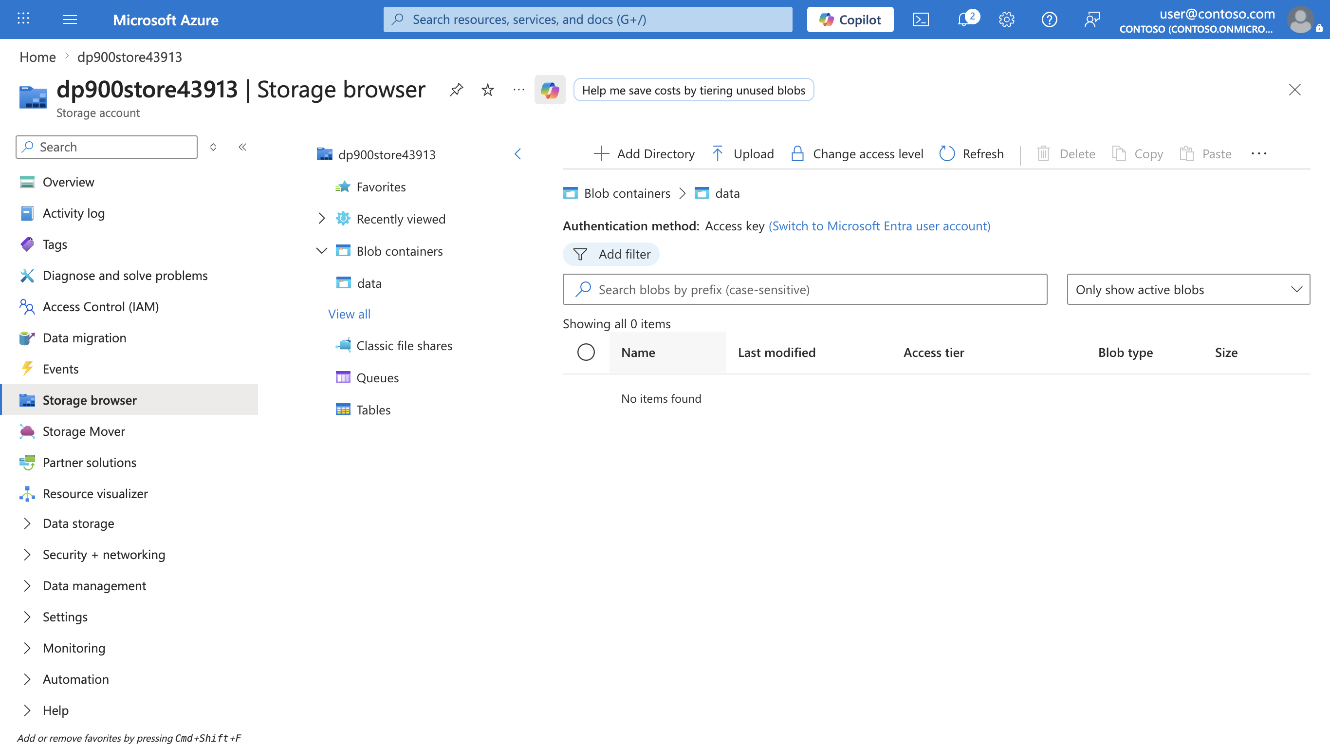 Screenshot of the storage browser showing the empty data container with the Add Directory and Upload toolbar buttons.