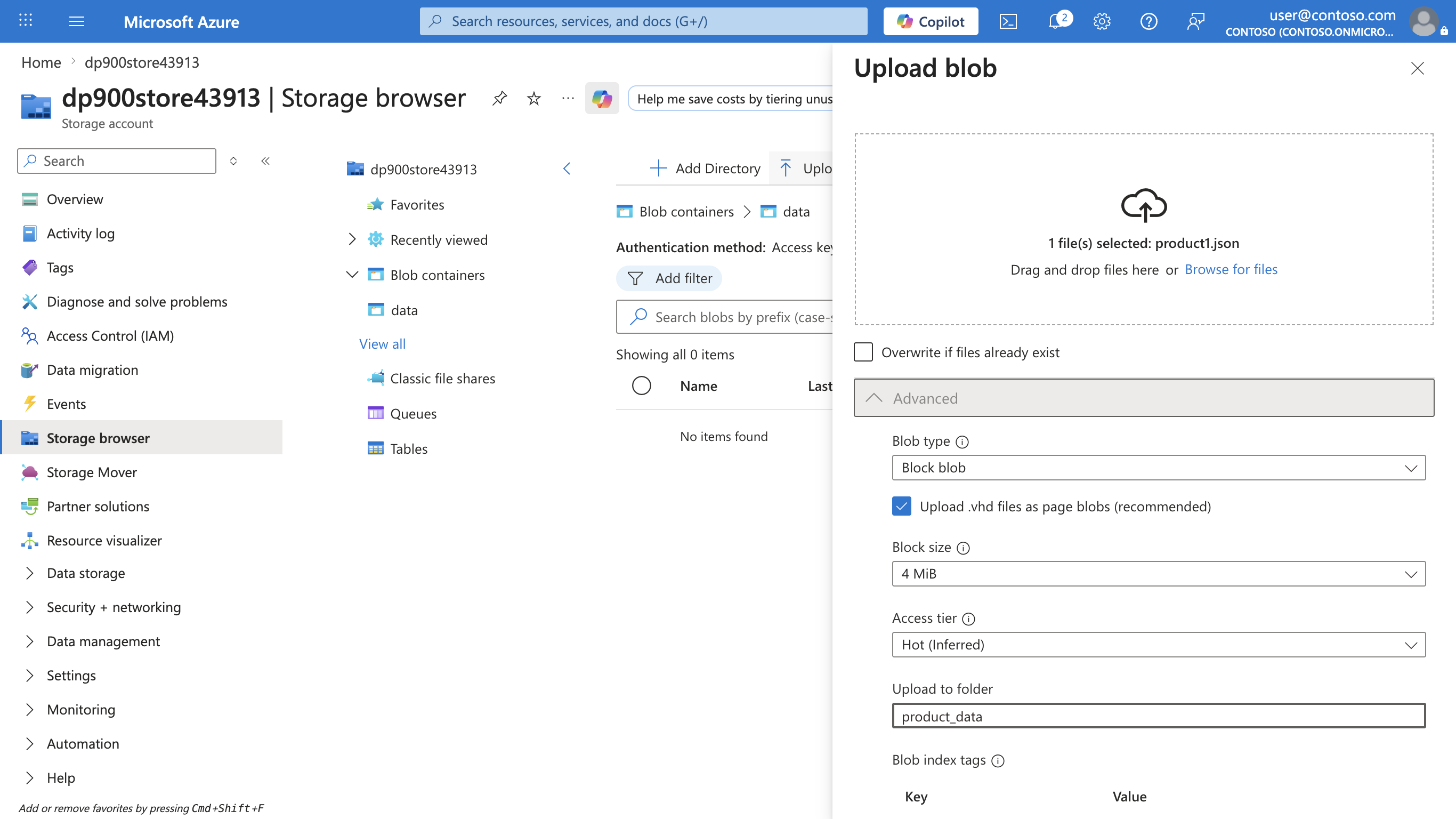 Screenshot of the Upload blob panel with product1.json selected and product_data entered in the Upload to folder box.