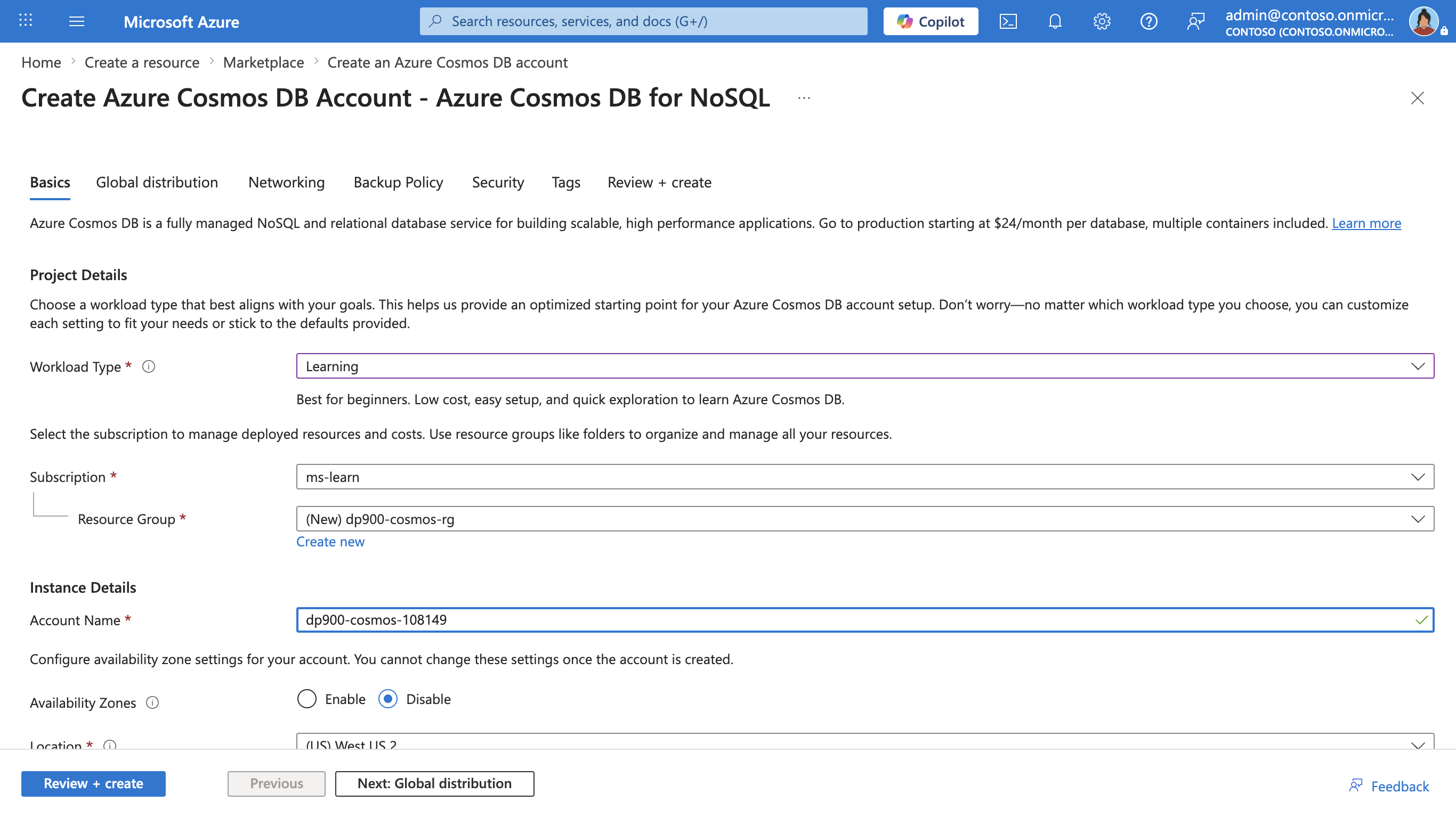 Screenshot of the Create Azure Cosmos DB Account Basics tab with the workload type, subscription, resource group, account name, and location filled in.