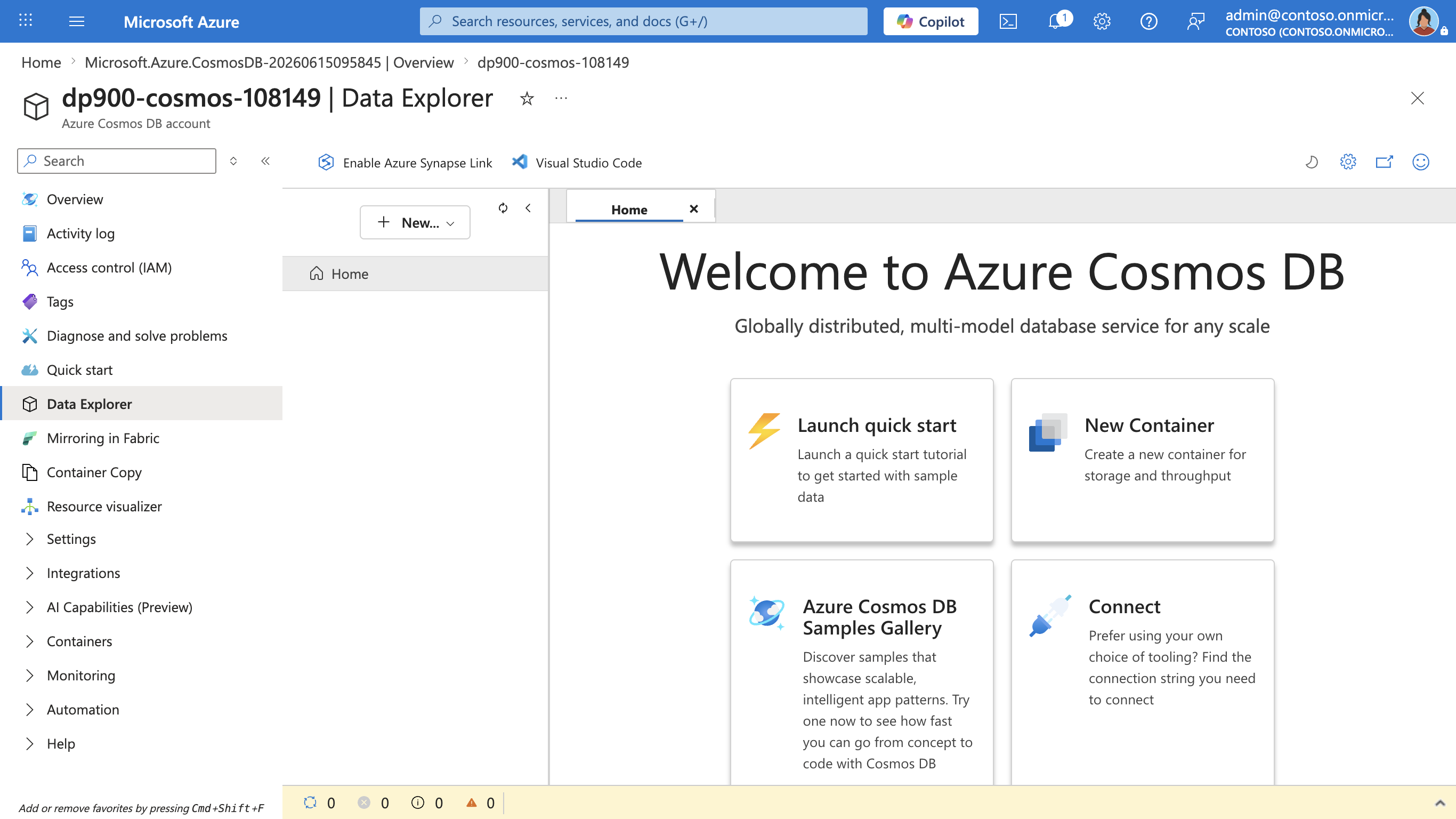 Screenshot of the Data Explorer welcome page with the Launch quick start tile highlighted.