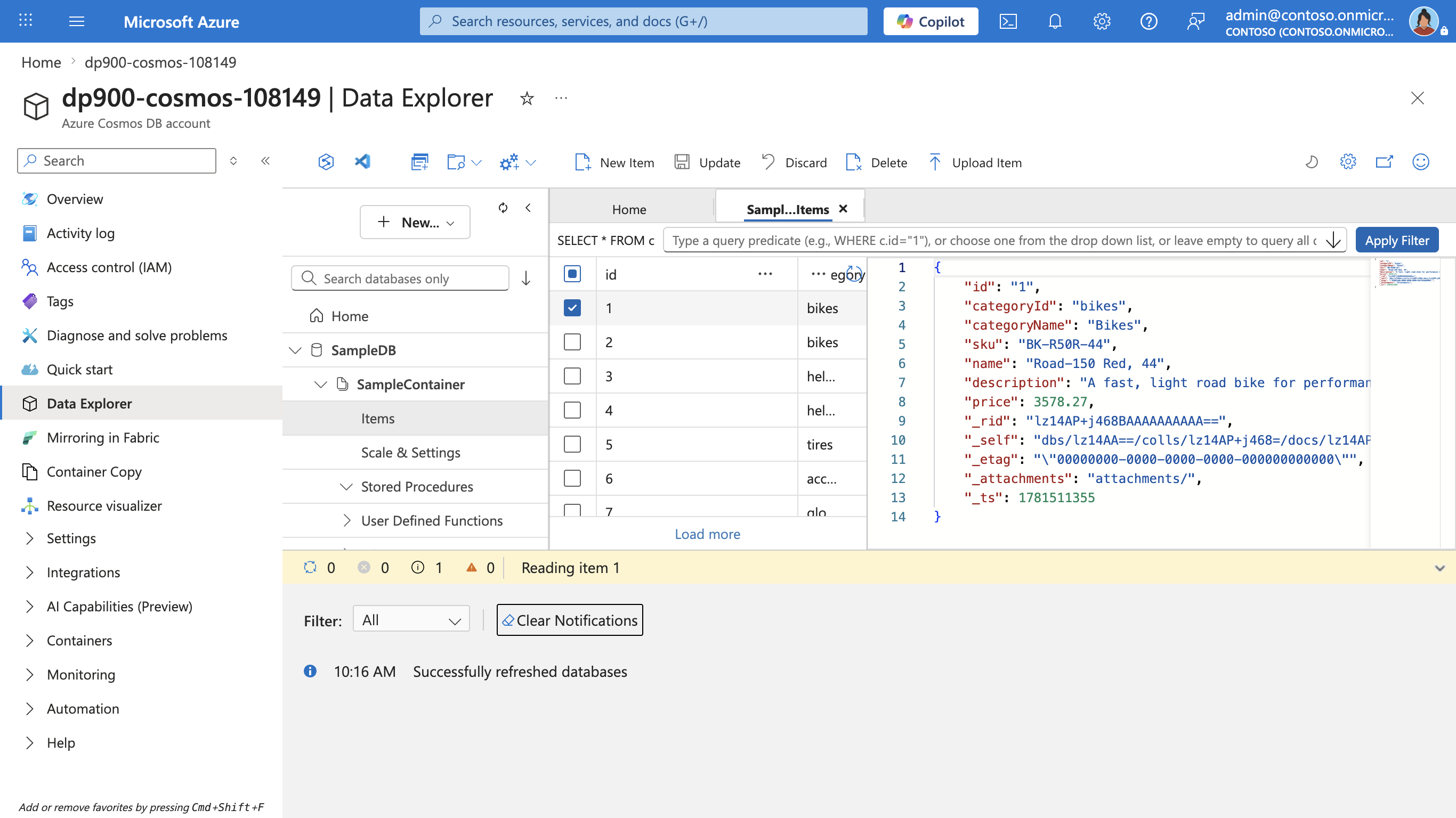Screenshot of the Items view listing sample product items, with the JSON of the selected item shown on the right.