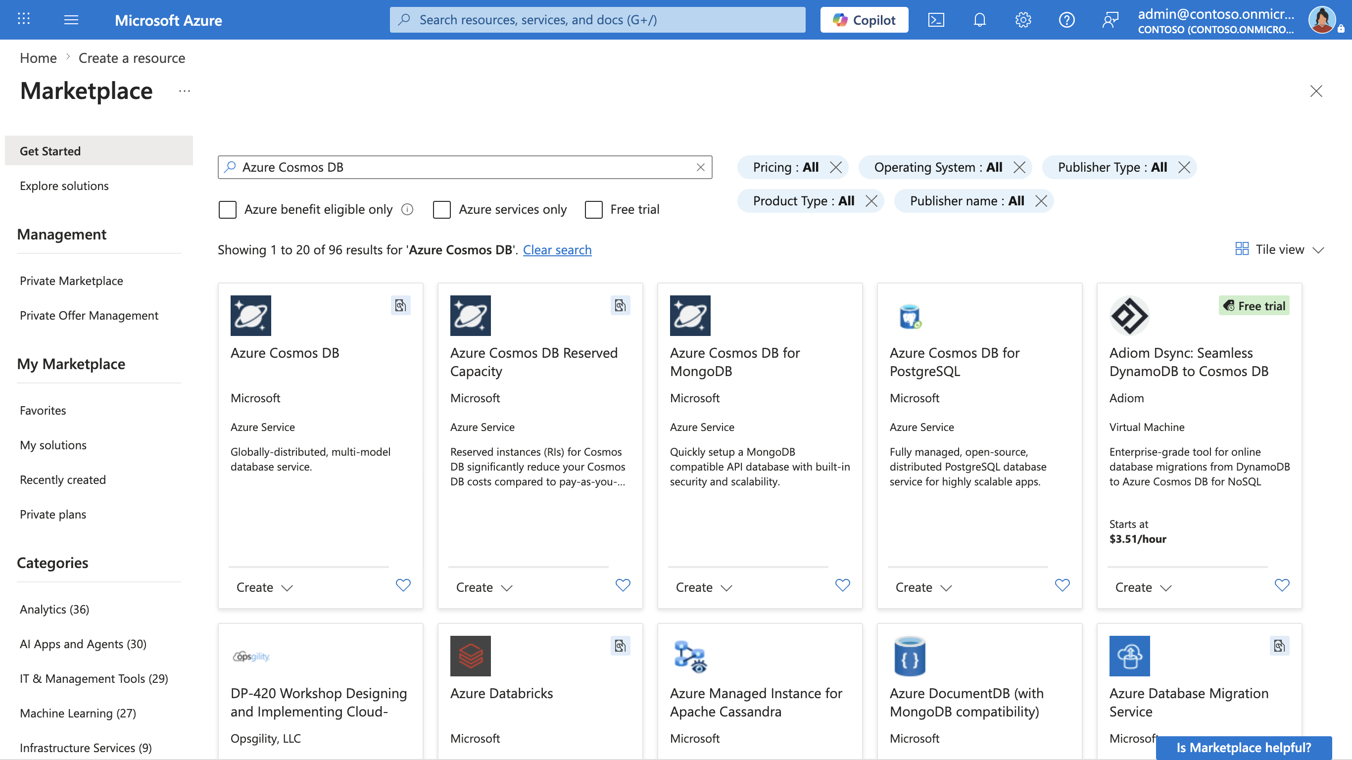 Screenshot of the Azure Marketplace search results with the Azure Cosmos DB tile and its Create button highlighted.