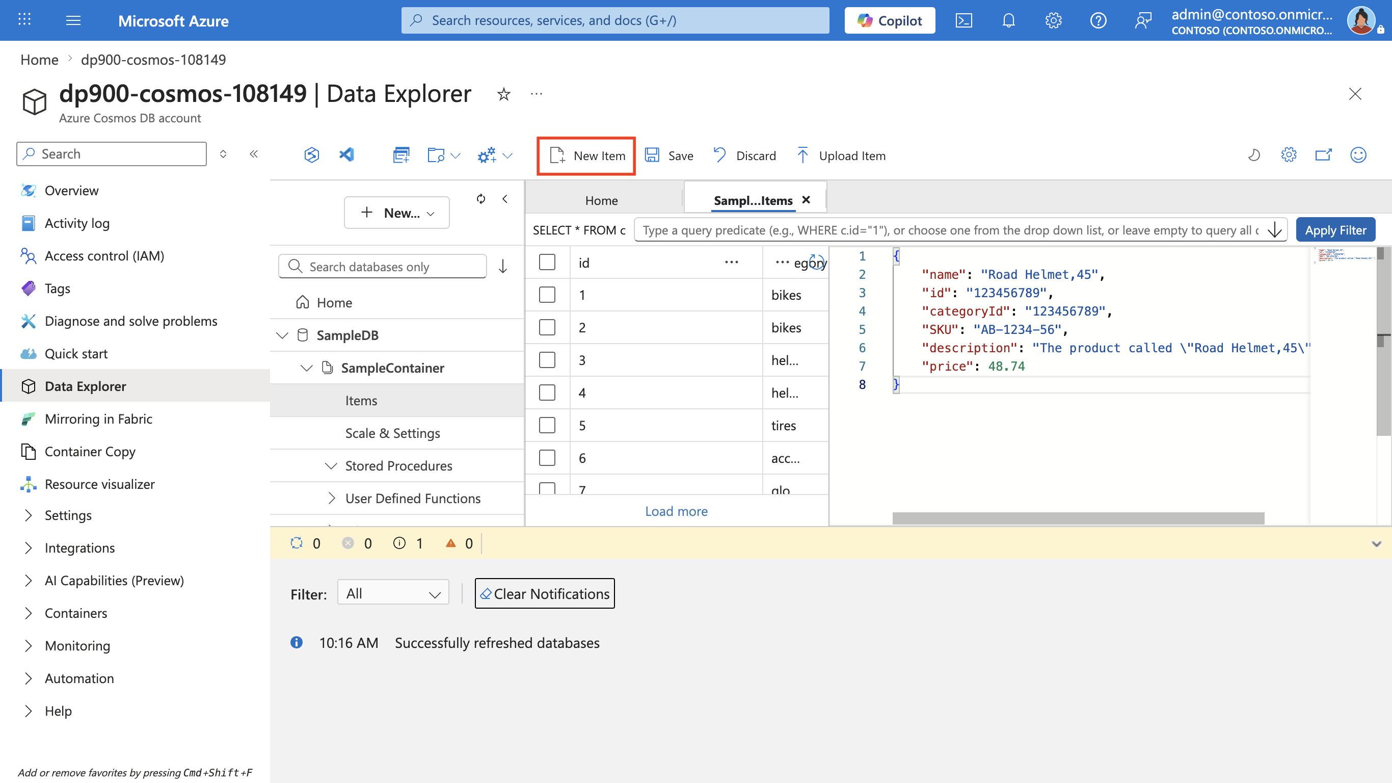 Screenshot of the New Item editor in Data Explorer with the product JSON entered and the Save button in the toolbar.