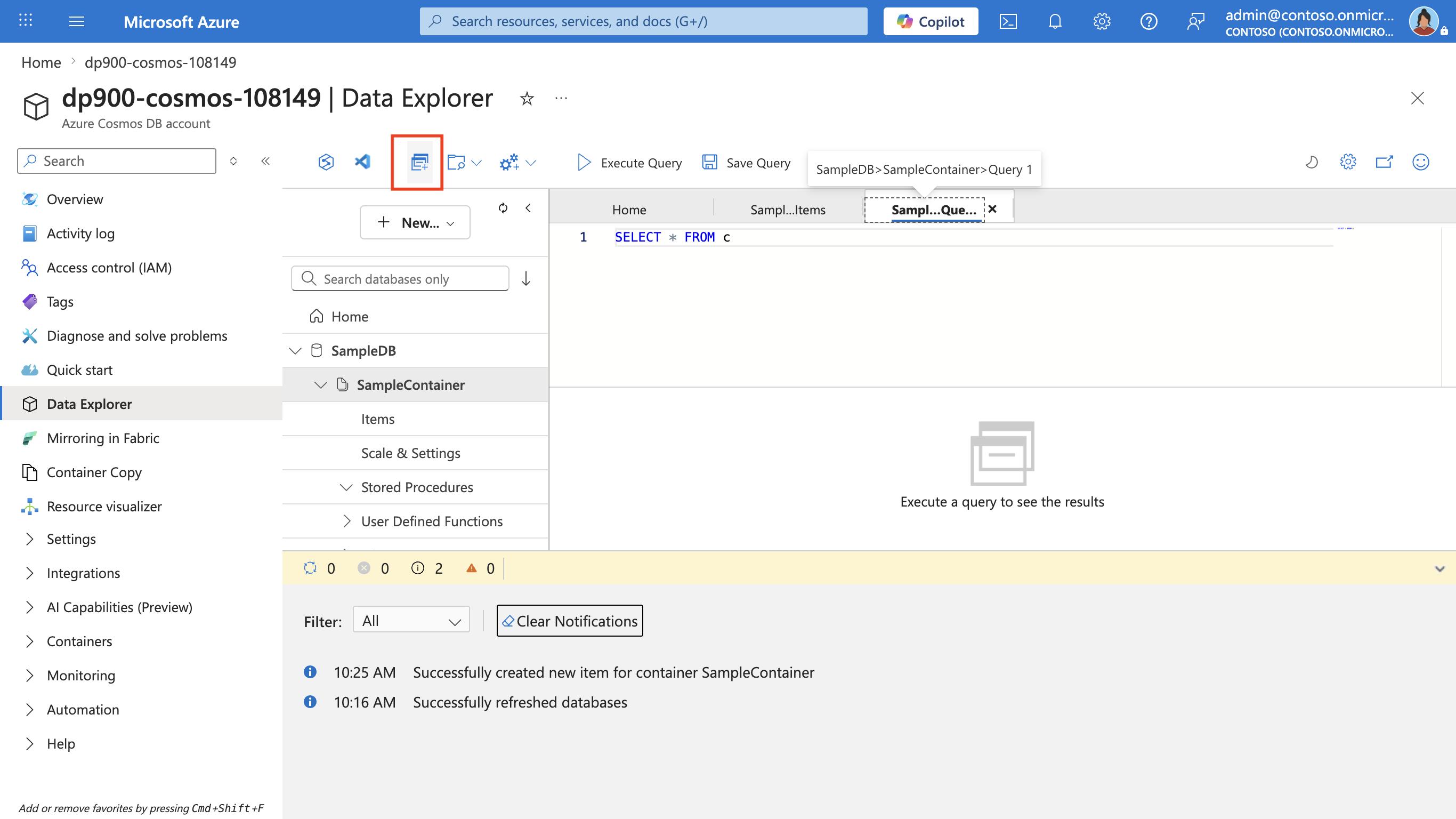 Screenshot of the Data Explorer with a new query tab open showing the default SELECT star FROM c query and the Execute Query button.