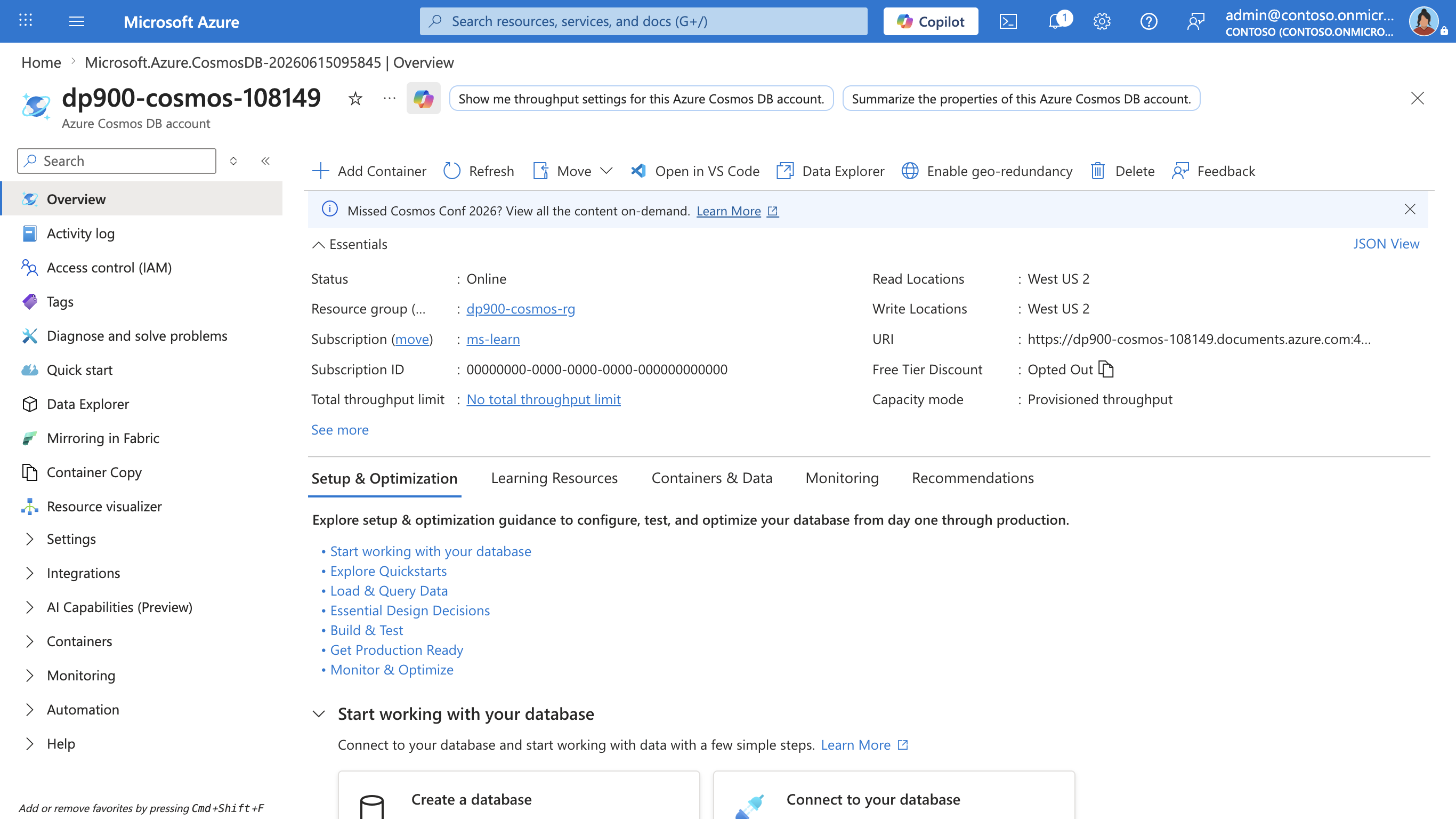 Screenshot of the Azure Cosmos DB account page with Data Explorer selected in the left navigation pane.