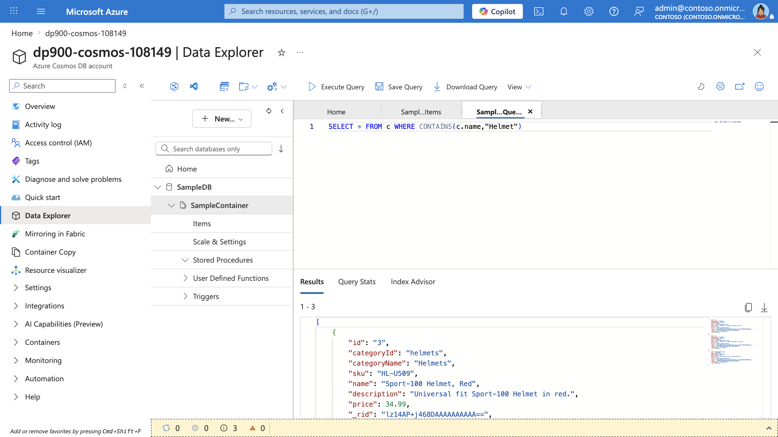 Screenshot of the query editor running the CONTAINS query with the matching helmet items shown in the Results pane.