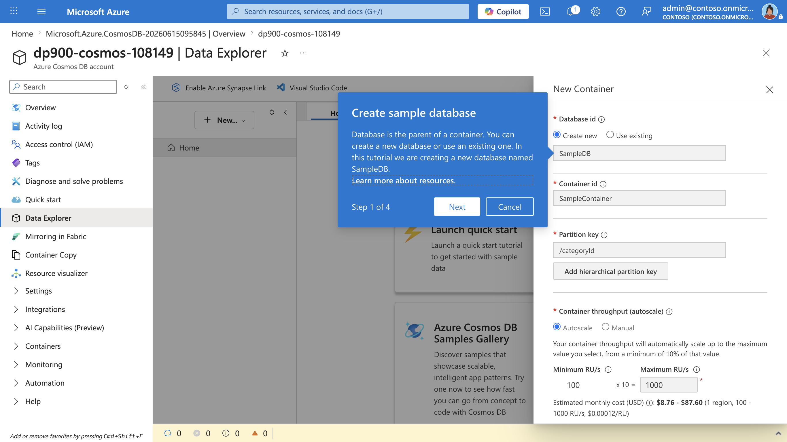 Screenshot of the New Container pane showing the pre-populated SampleDB database, SampleContainer container, and partition key settings.