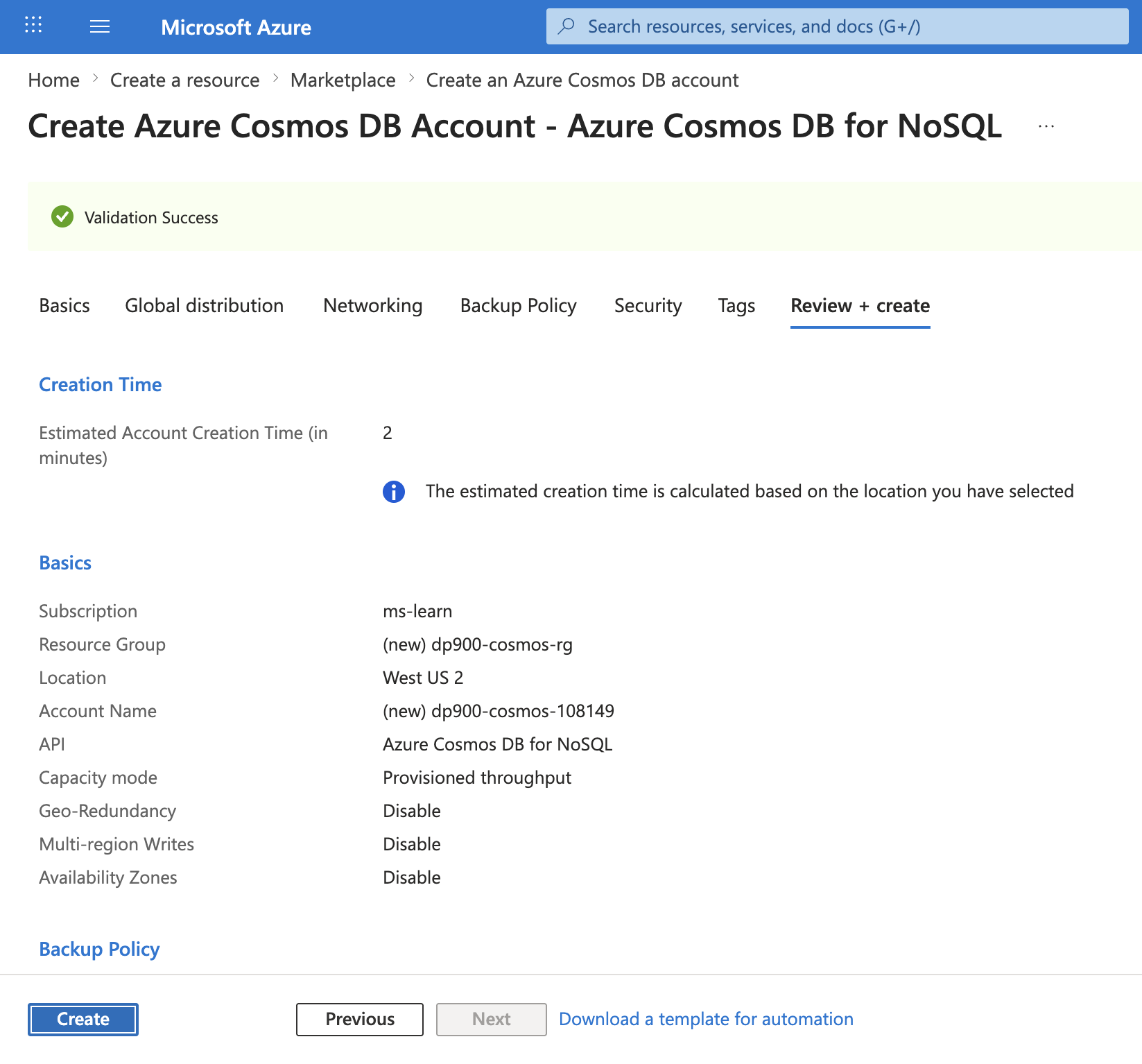 Screenshot of the Review + create tab showing Validation Success and the account settings summary with the Create button.