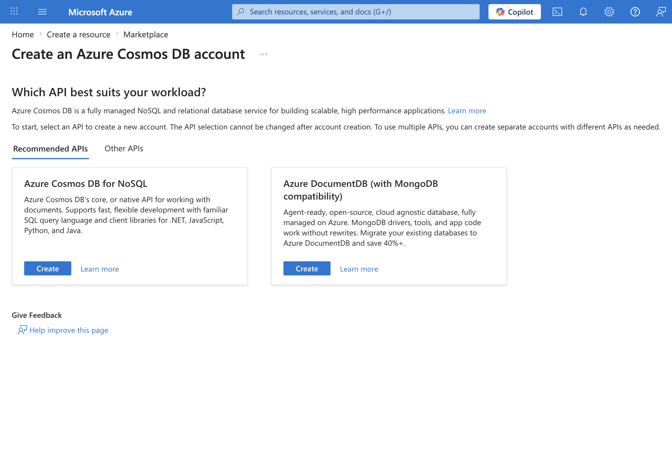 Screenshot of the API selection page with the Create button on the Azure Cosmos DB for NoSQL tile.
