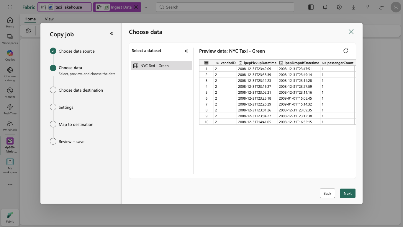 Screenshot of the data preview for the NYC Taxi - Green dataset.