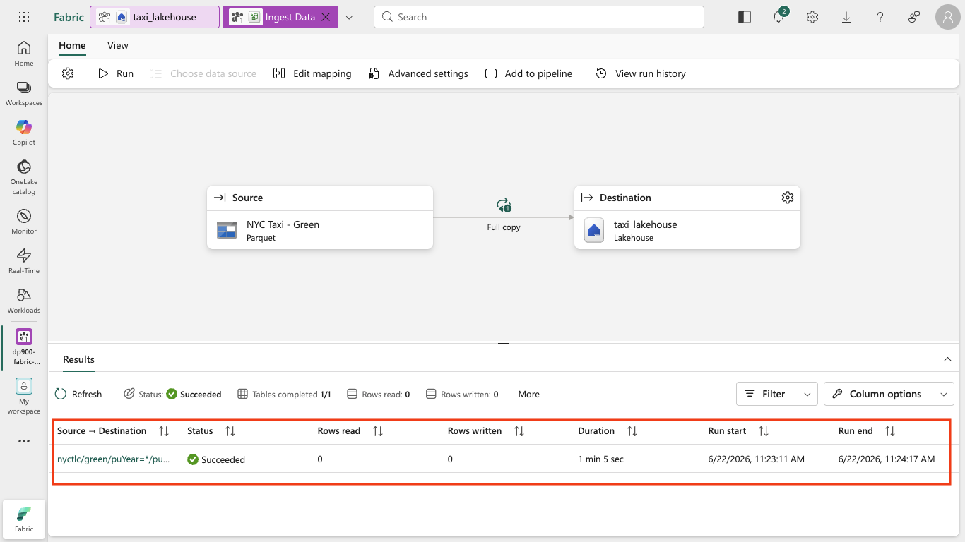 Screenshot of the copy job with a Succeeded status in the Results pane.