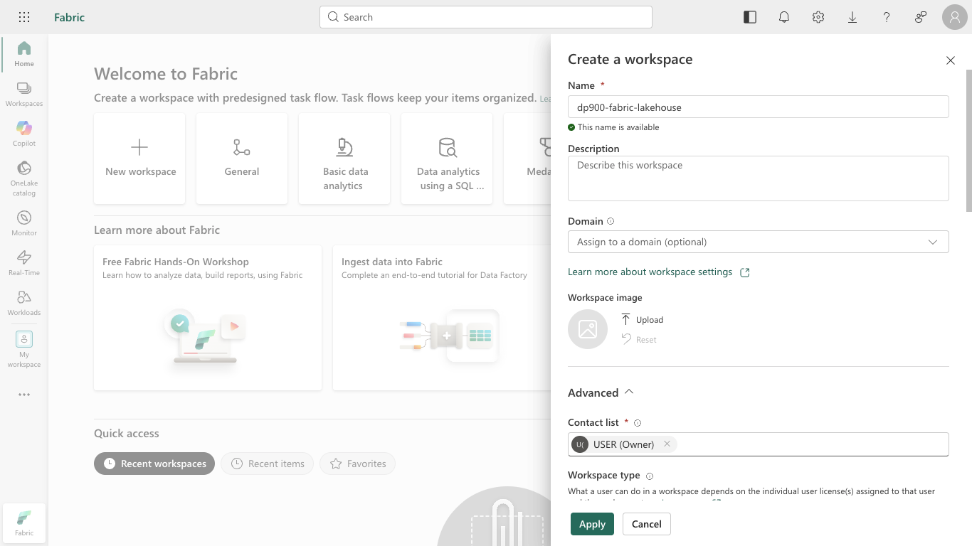 Screenshot of the Create a workspace pane with a name and licensing mode.