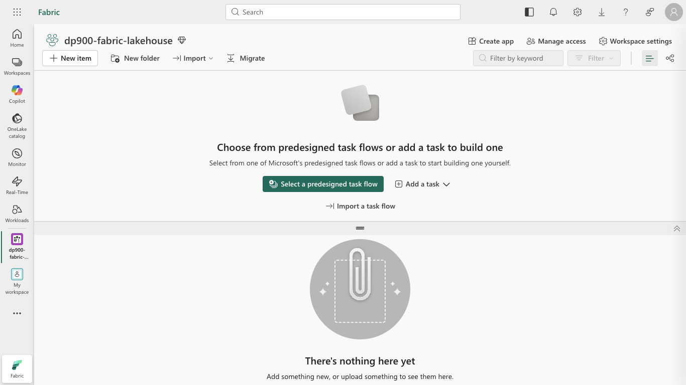 Screenshot of an empty workspace in Fabric.