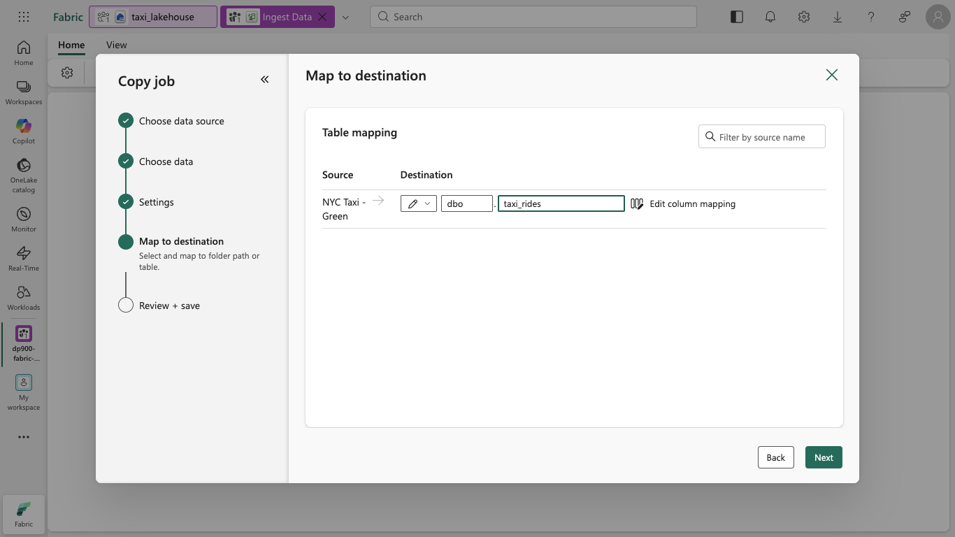 Screenshot of the Map to destination page with the dbo schema and taxi_rides table.