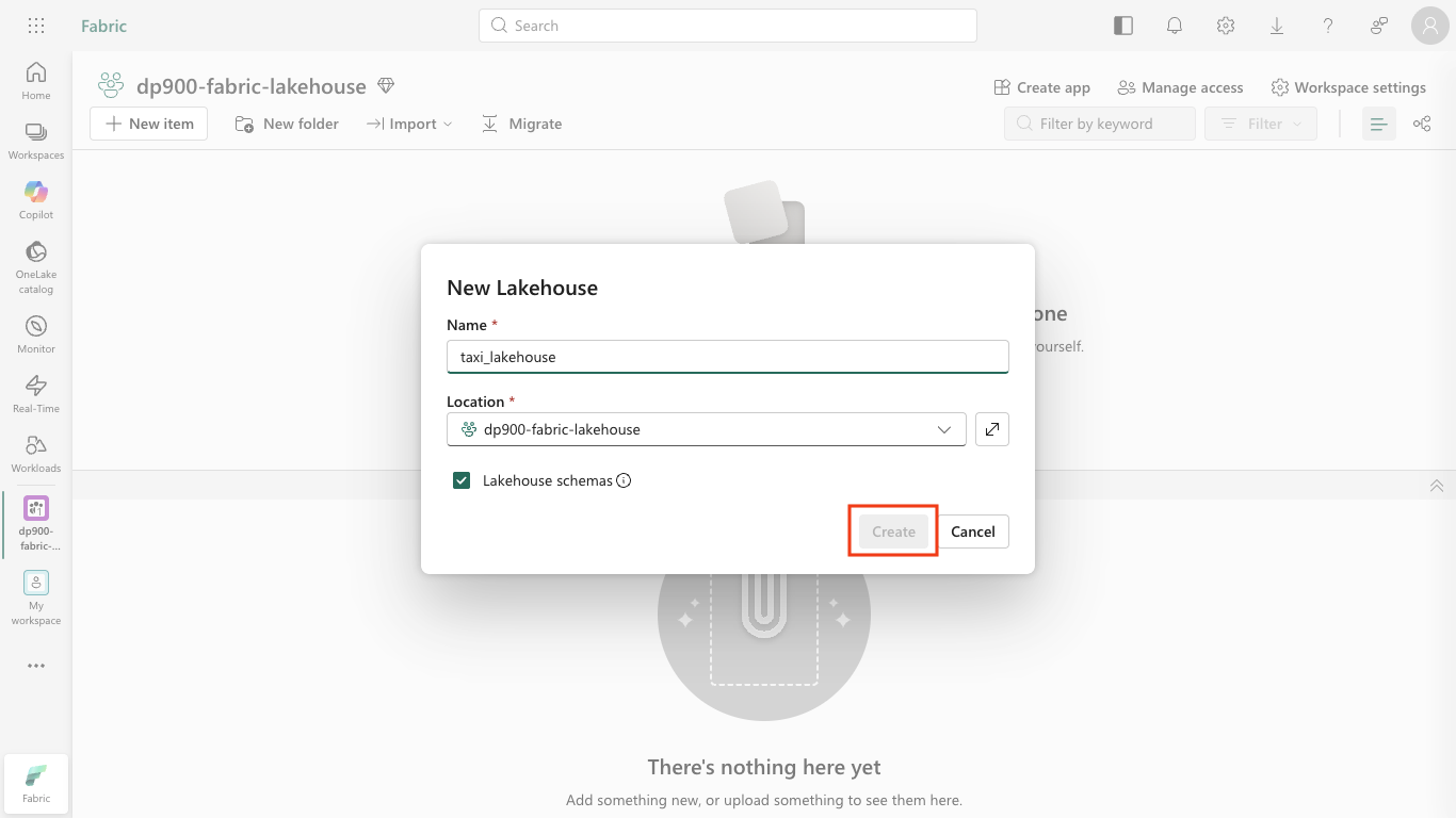 Screenshot of the New Lakehouse dialog with a name and the Lakehouse schemas option.