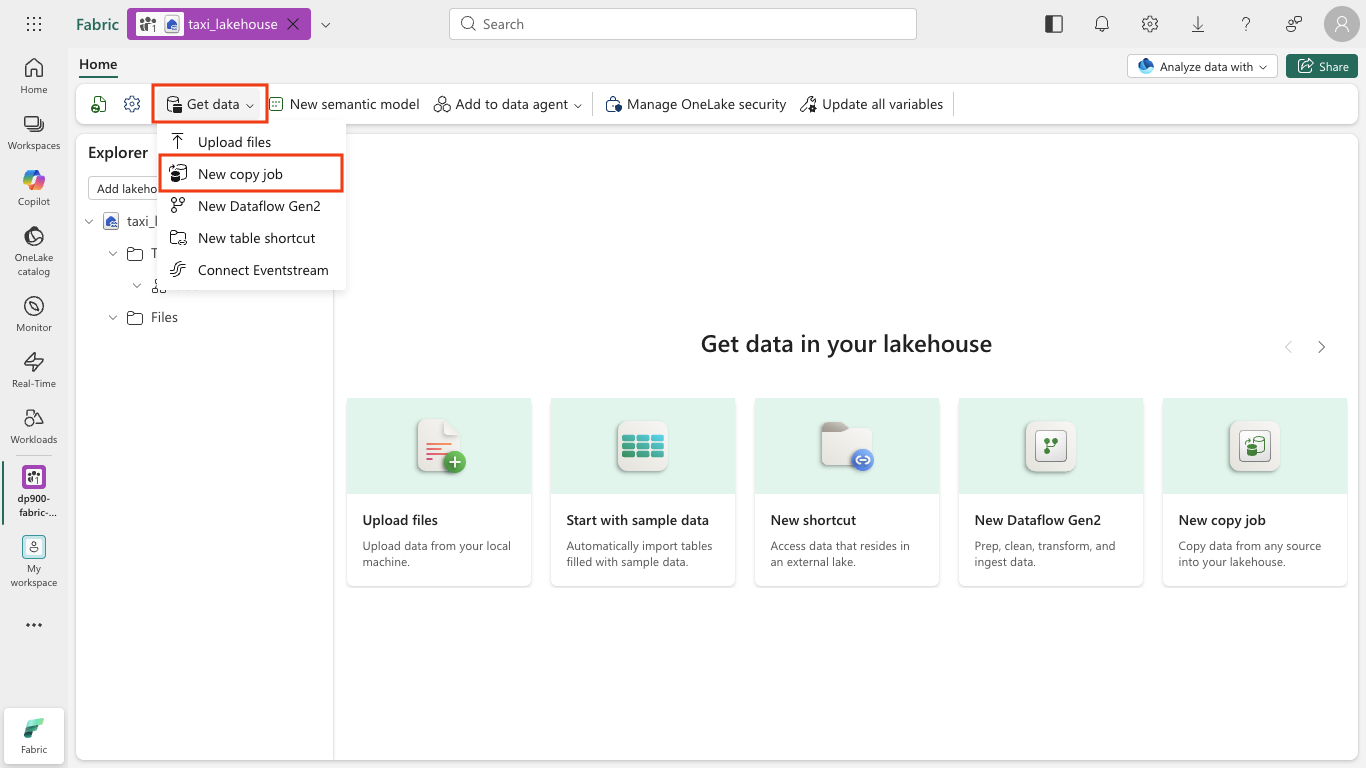 Screenshot of the Get data menu with New copy job selected.