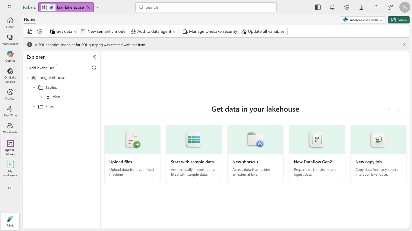 Screenshot of a new lakehouse with the Explorer pane and Get data options.