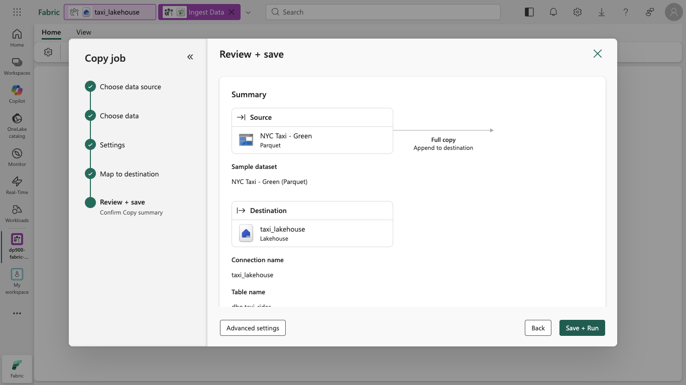 Screenshot of the copy job Review + save page.
