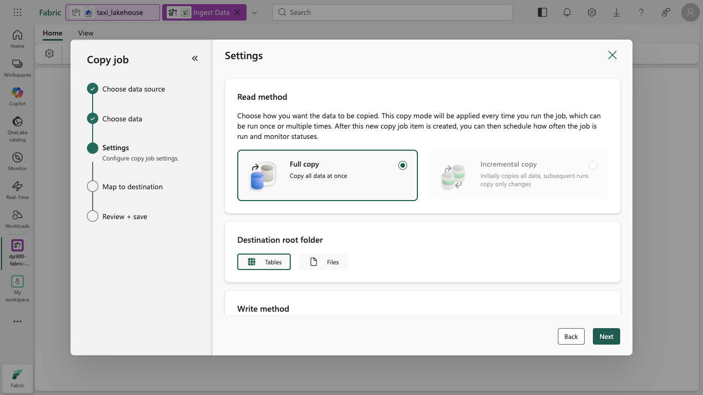 Screenshot of the copy job Settings page with Full copy and Tables selected.