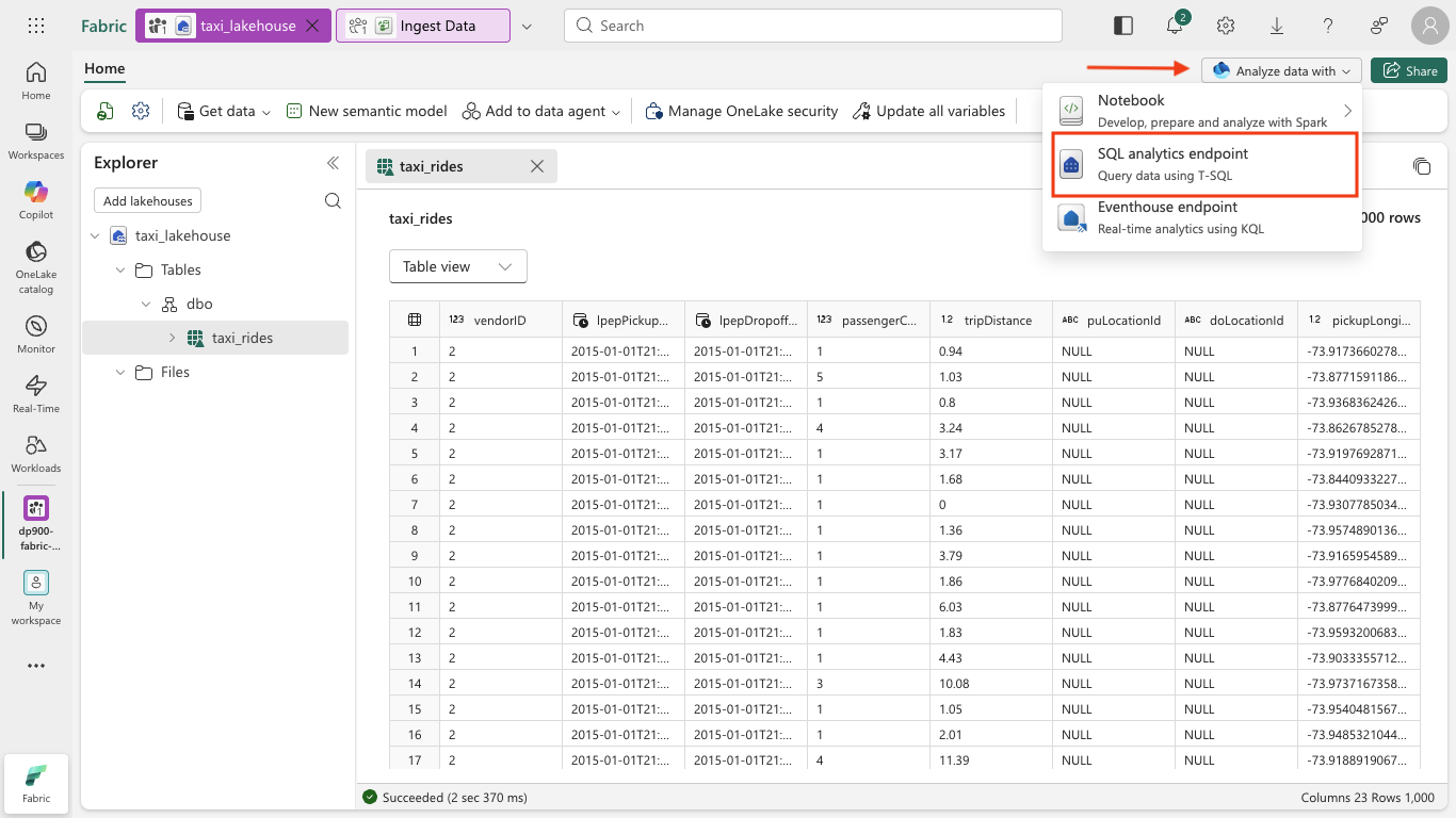 Screenshot of the Analyze data with menu showing the SQL analytics endpoint option.