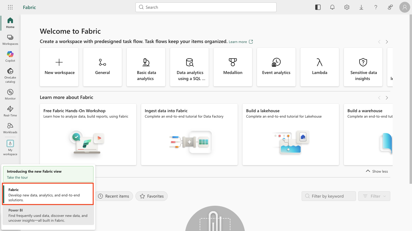 Screenshot of the experience switcher showing the Fabric and Power BI options.