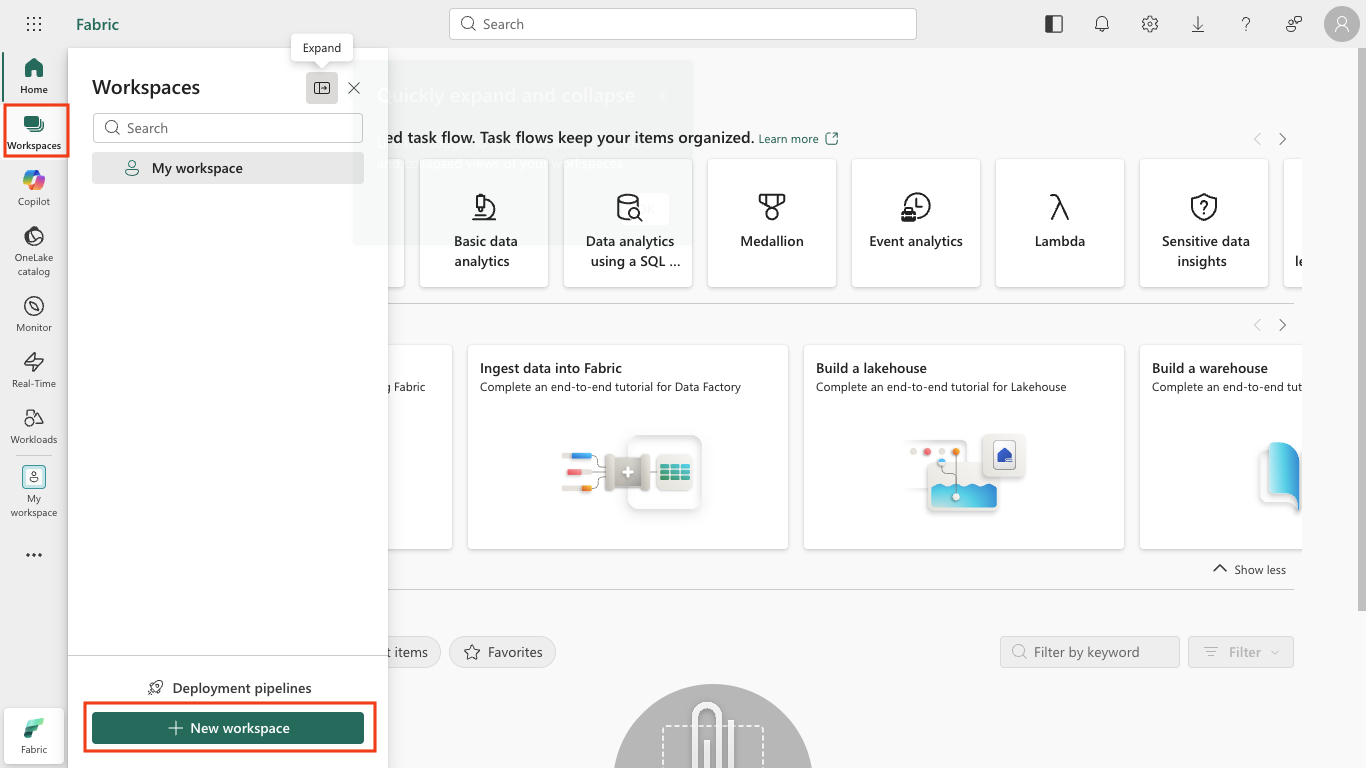Screenshot of the Workspaces flyout with the New workspace button.