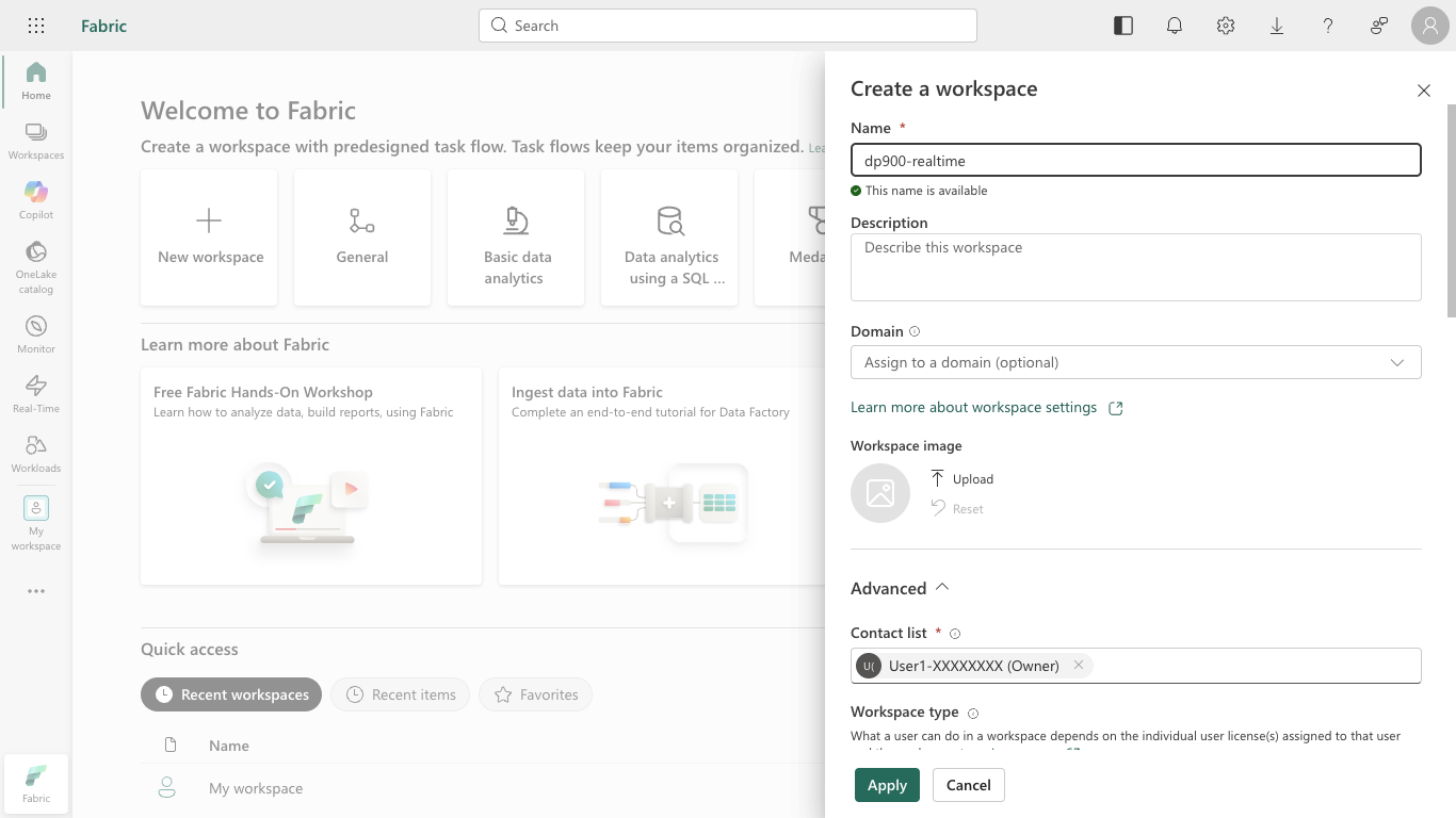 Screenshot of the Create a workspace pane with a name and licensing mode.