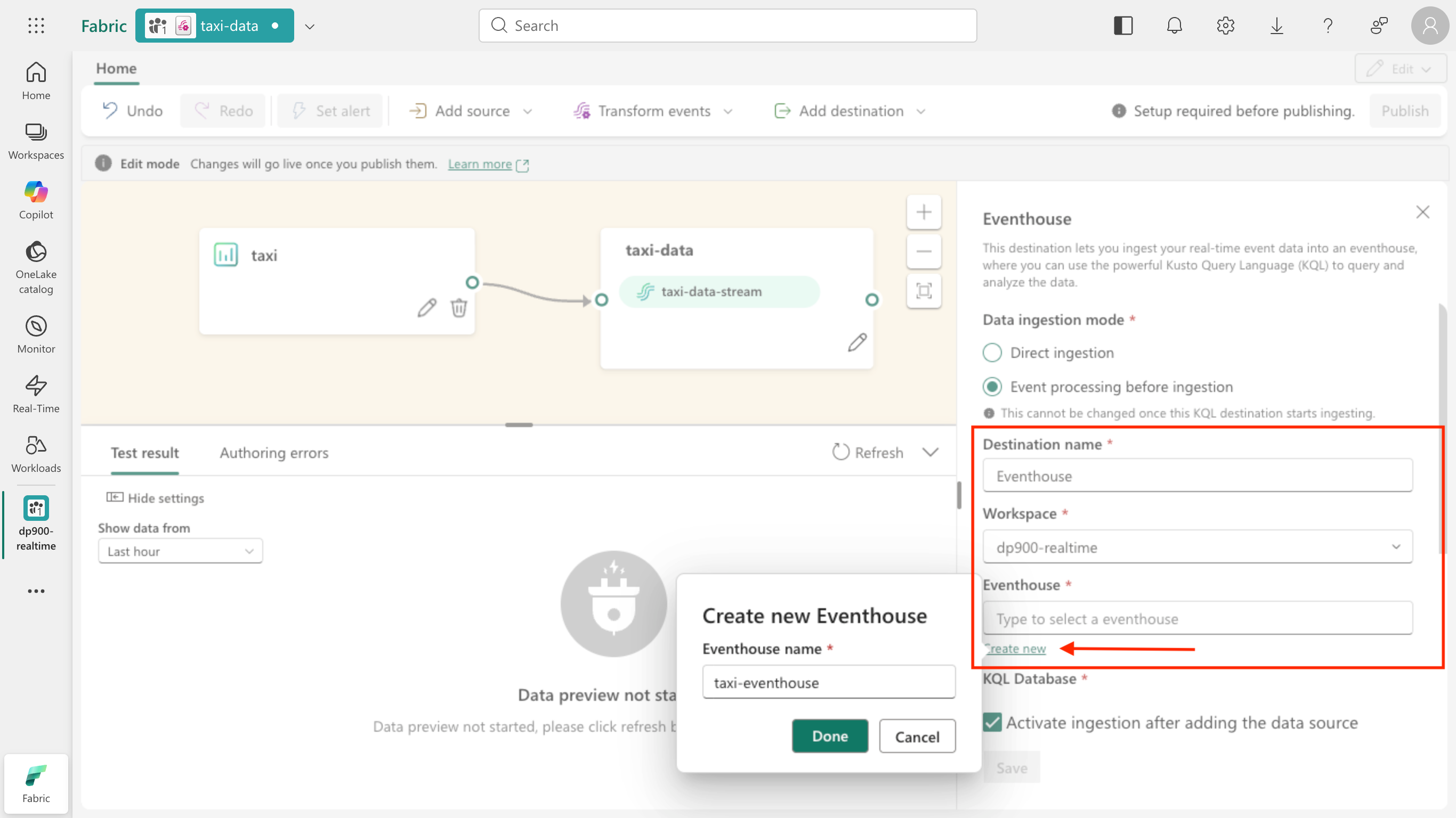 Screenshot of the Eventhouse destination pane with the Create new Eventhouse dialog and the name taxi-eventhouse.