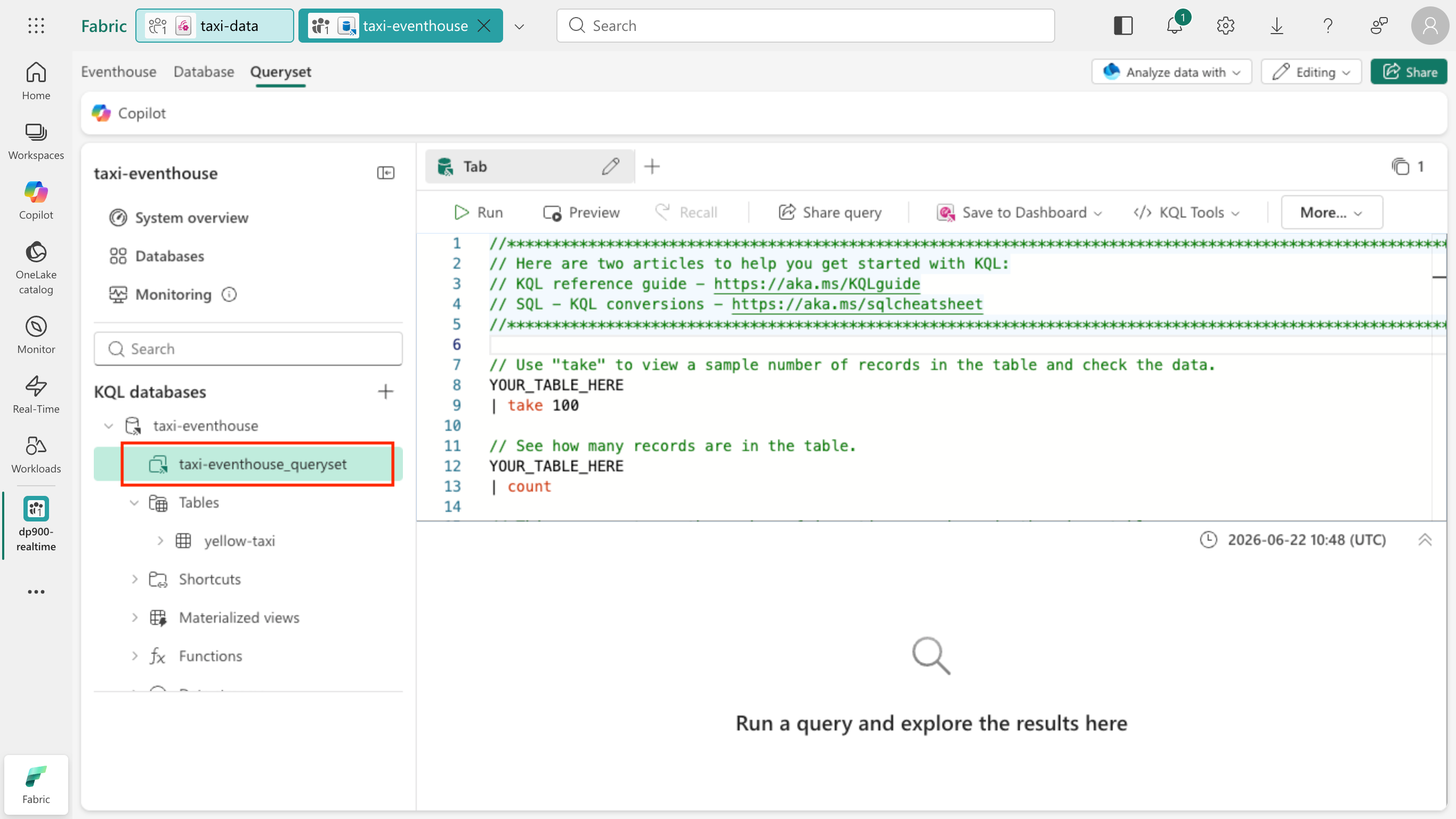 Screenshot of the taxi-eventhouse queryset open with the default sample queries.